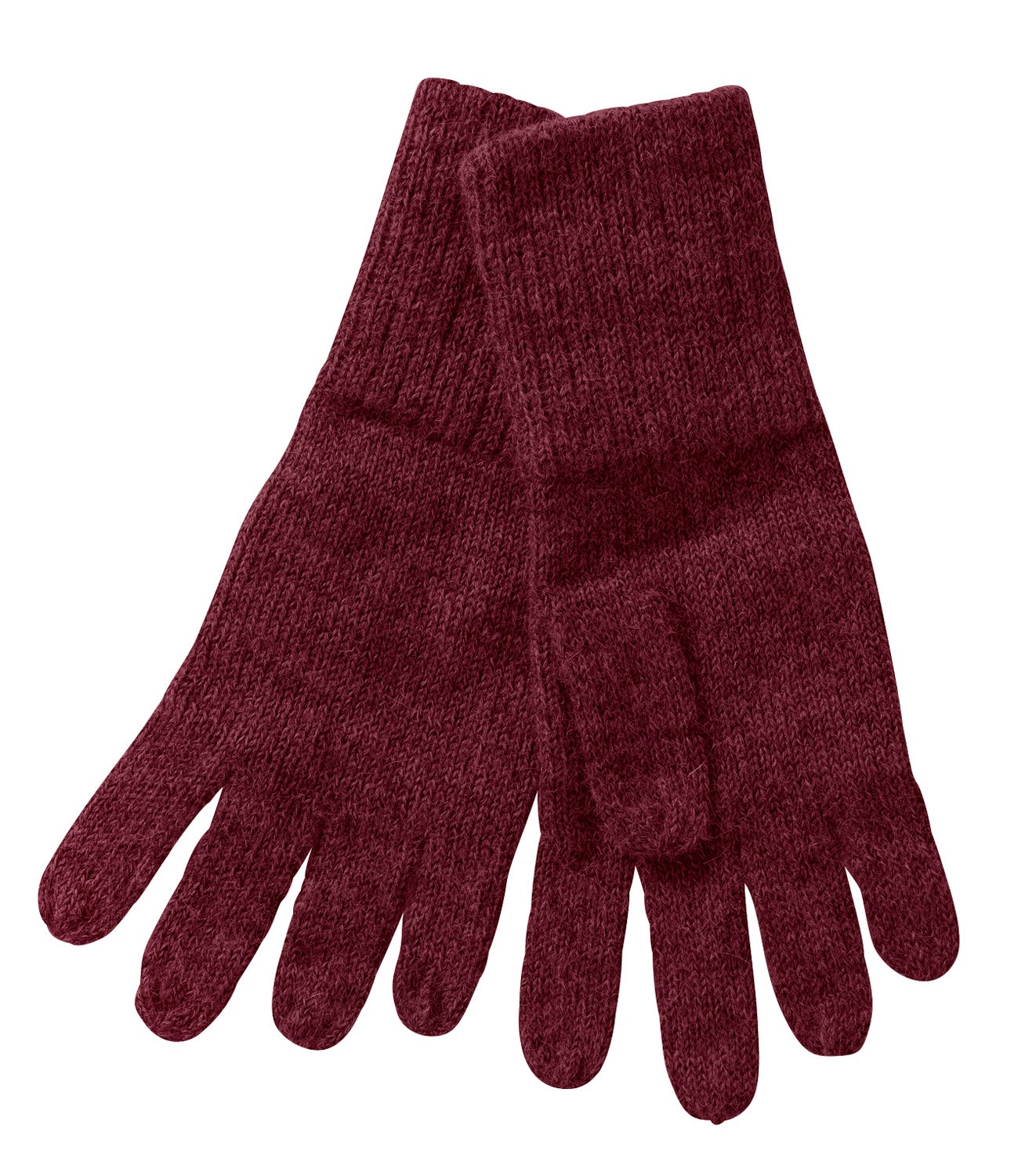 Dunkelrote, gestrickte Alpaka-Handschuhe mit geschlossenem Design, weiche und warme Struktur, flache Ansicht auf weißem Hintergrund