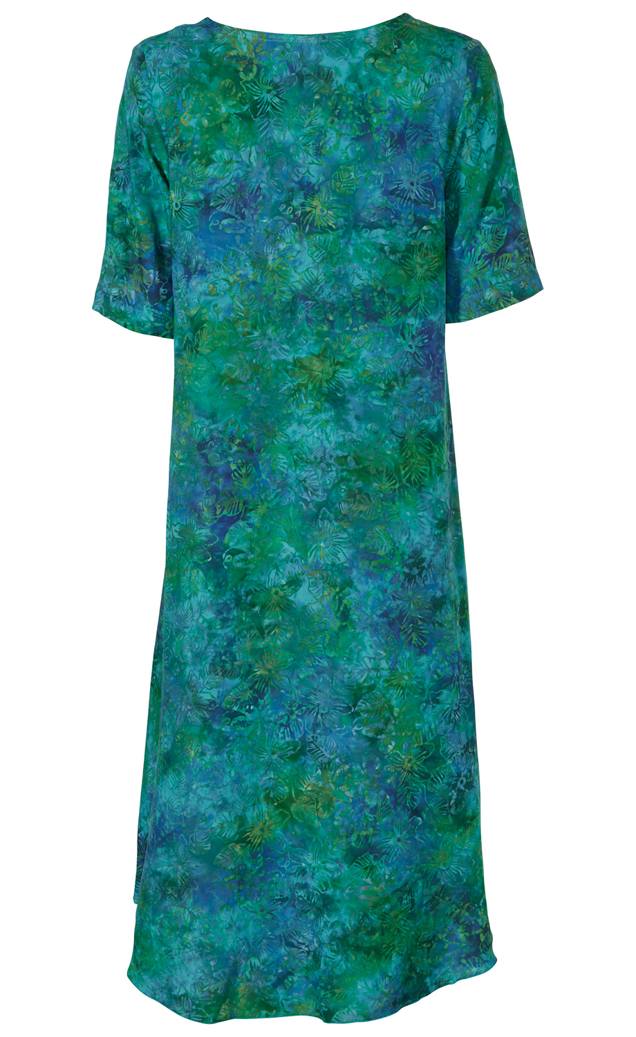 grünes und blaues Viskose-Kleid mit floralem Muster, kurzen Ärmeln, rundem Ausschnitt, knielang, locker geschnitten, Rückansicht vor weißem Hintergrund
