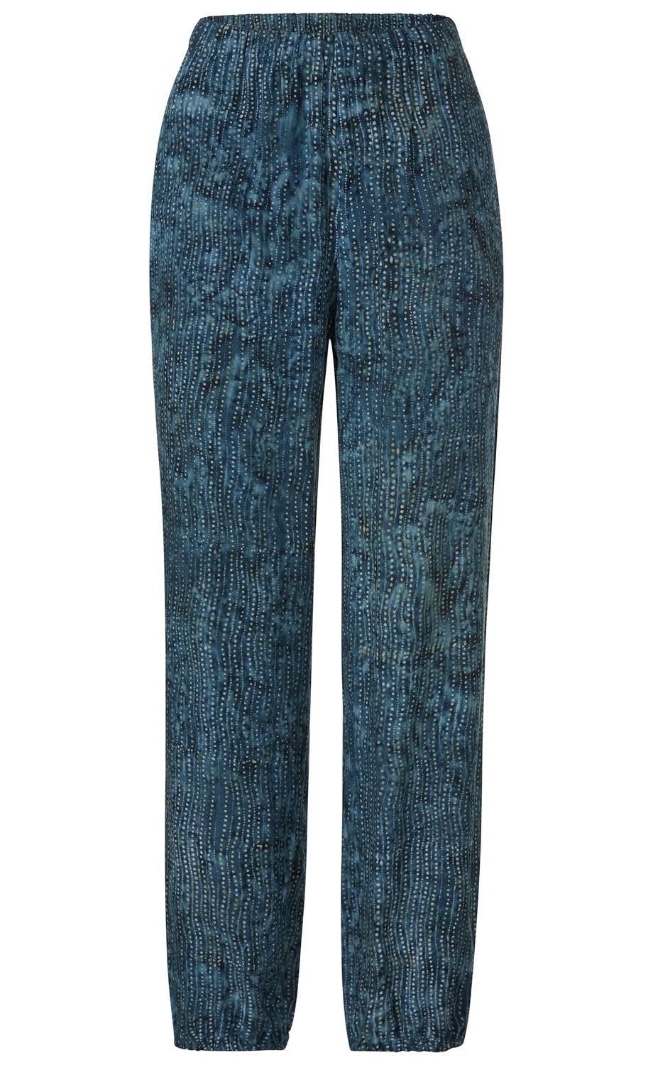 Dunkelblaue Viskose-Hose mit elastischem Bund und Beinenden, Muster aus vertikalen Reihen kleiner, heller Punkte auf meliertem Hintergrund, locker geschnittene Hose ohne Taschen oder Reißverschlüsse
