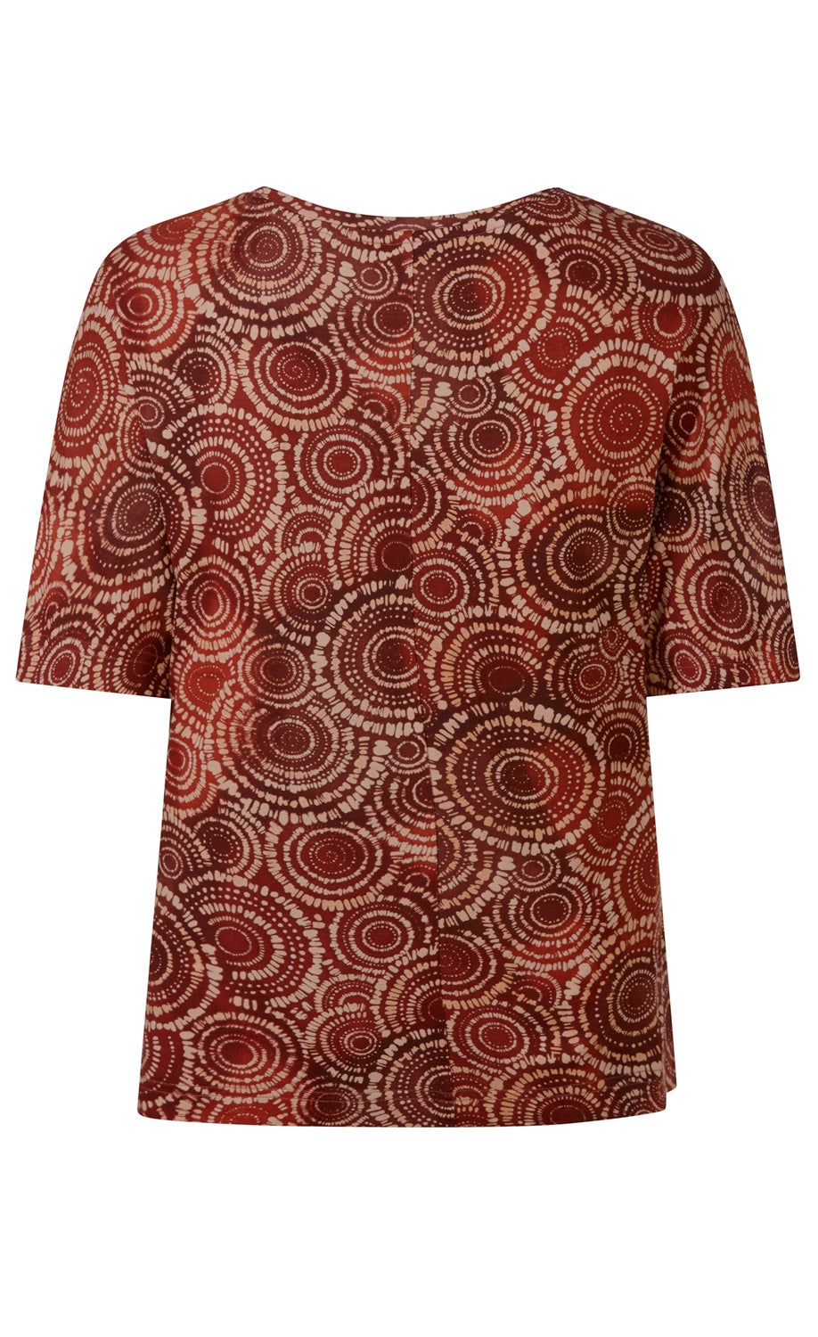 Viskose-Shirt mit kurzen Ärmeln, braun-rotem Muster aus konzentrischen Kreisen und Punkten, lockerer Sitz, rundem Ausschnitt, Rückansicht auf weißem Hintergrund