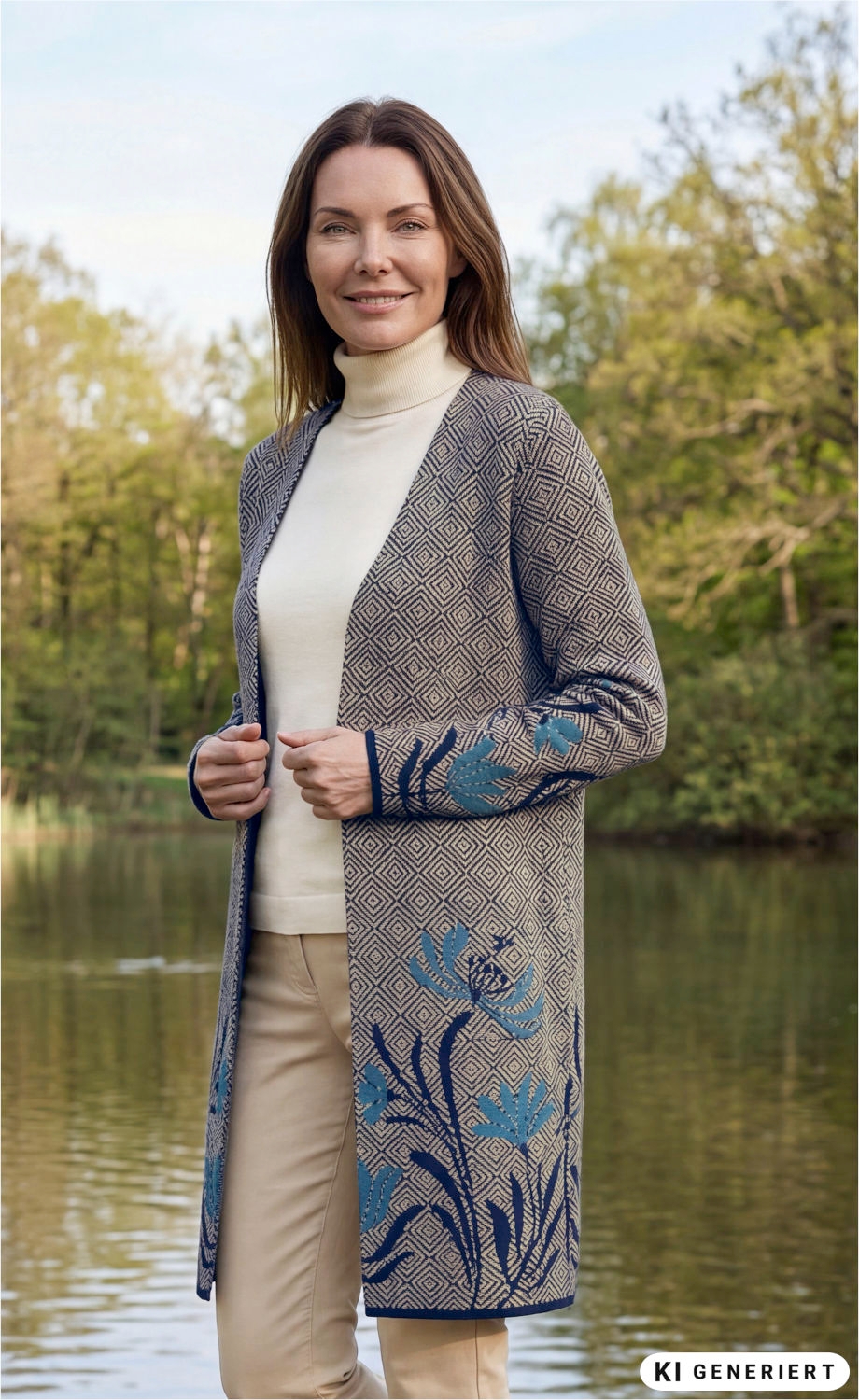 Frau trägt beige Baumwoll-Strickmantel mit geometrischem Muster und blauen Blumen, kombiniert mit weißem Rollkragenpullover und beigen Hosen, stehend vor einem See und grünen Bäumen