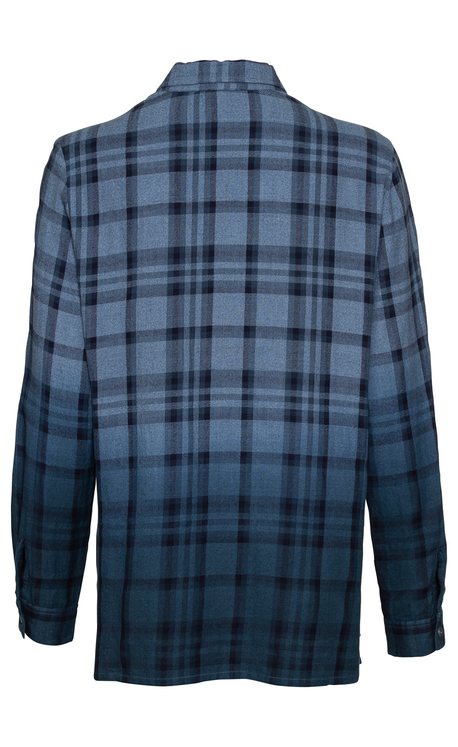 Baumwoll-Bluse rückseitig, kariert mit blauem und dunklem Muster, langärmlig, mit Manschetten und Kragen, gerade geschnitten