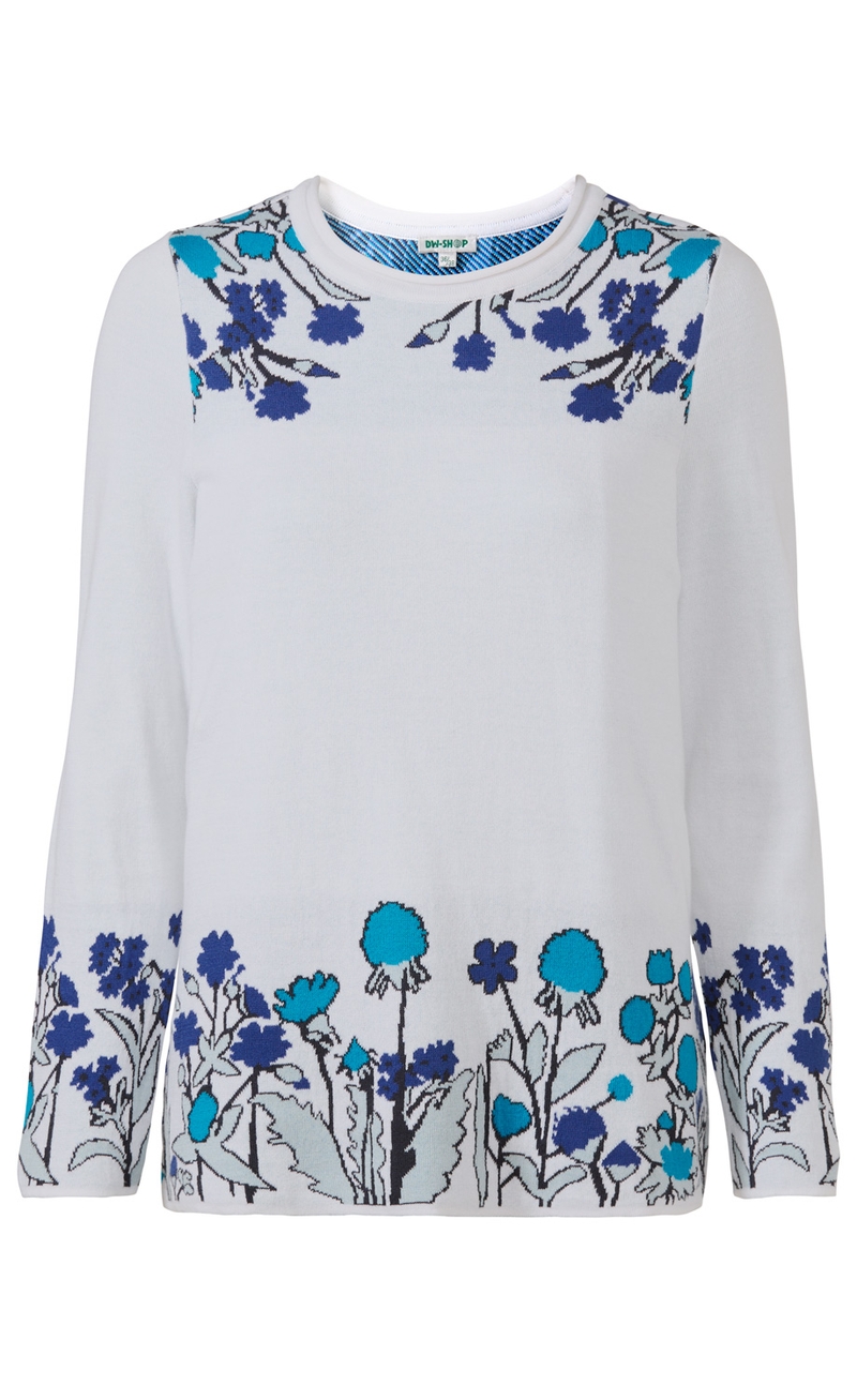 Weißer Baumwoll-Pullover mit langem Arm, Rundhalsausschnitt, floralem Muster in Blau und Türkis am oberen Bereich, Ärmelenden und Saum, schlichte und elegante Damenmode