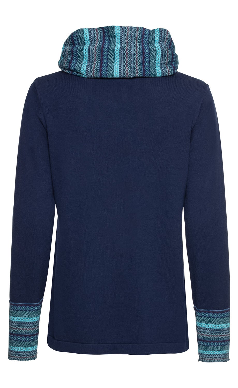 Baumwoll-Pullover in Dunkelblau, Rückansicht, mit hohem Kragen und Ärmelbündchen in blau-türkis gemustertem Norwegermuster.