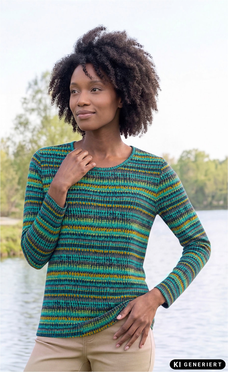 Frau trägt langärmliges Baumwoll-Shirt mit buntem, gestreiftem Muster in Blau-, Grün- und Gelbtönen, steht vor Fluss und Grünfläche, Hand berührt Kragen, lächelnder Ausdruck, beige Hose sichtbar.