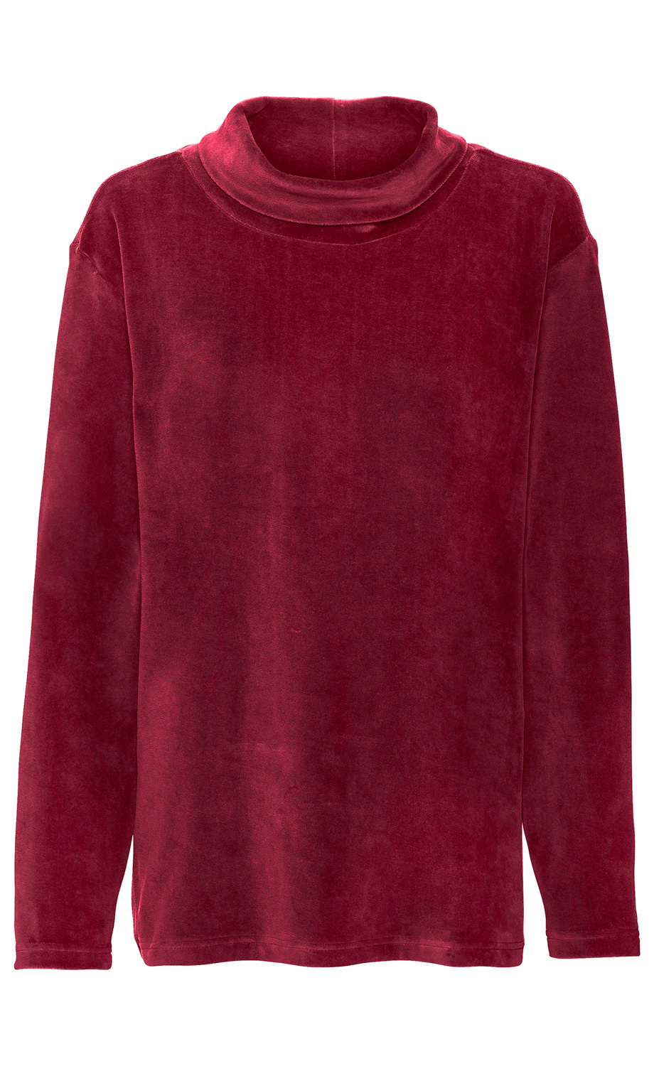 Baumwoll-Shirt in dunkelrot, langärmlig, mit hohem Kragen, schlichte Oberfläche, enger Schnitt, weicher Stoff, Frontansicht ohne Muster oder zusätzliche Verzierungen, ideal für den Herbst und Winter.