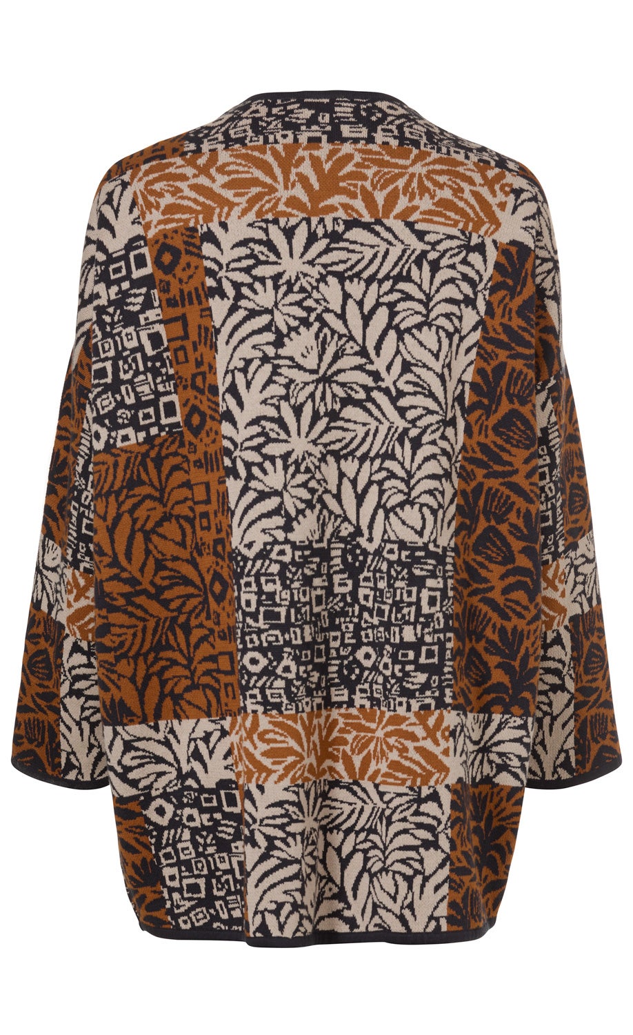 Baumwoll-Strickjacke mit geometrischem und floralem Muster in Beige, Schwarz und Braun, lange Ärmel, lockere Passform, Rückansicht