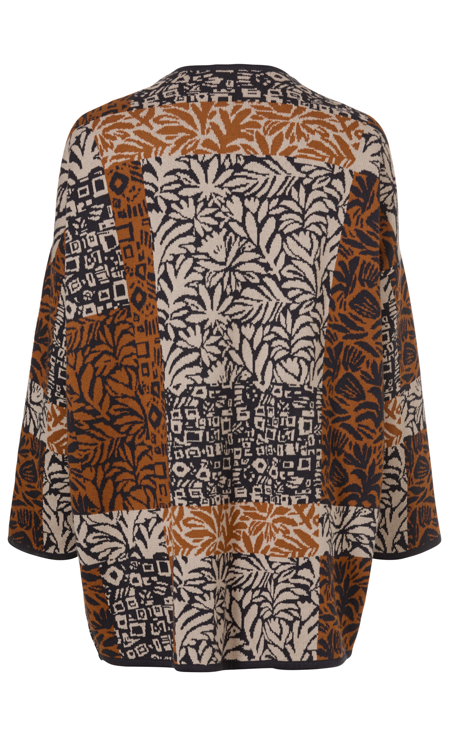 Baumwoll-Strickjacke mit geometrischem und floralem Muster in Beige, Schwarz und Braun, lange Ärmel, lockere Passform, Rückansicht
