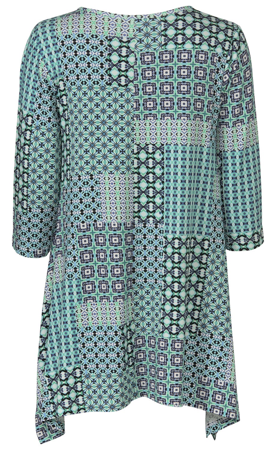 Viskose-Mix-Shirt mit langem Schnitt, 3/4-Ärmeln und asymmetrischem Saum, Rückansicht, gemustert mit verschiedenen geometrischen Formen in Blau-, Grün- und Schwarztönen