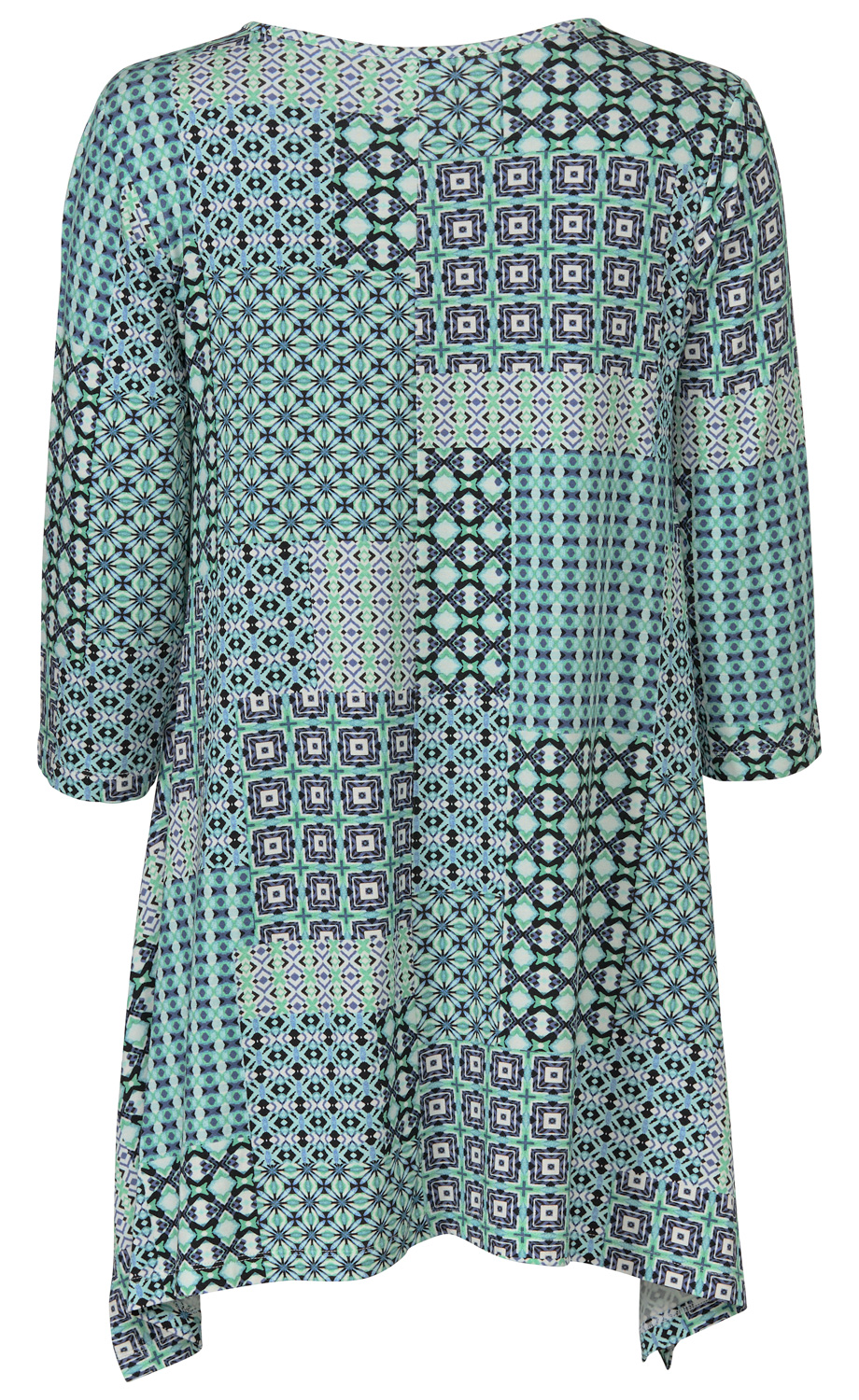 Viskose-Mix-Shirt mit langem Schnitt, 3/4-Ärmeln und asymmetrischem Saum, Rückansicht, gemustert mit verschiedenen geometrischen Formen in Blau-, Grün- und Schwarztönen