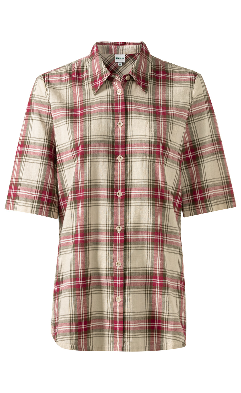 Baumwoll-Bluse mit kurzen Ärmeln, beige Grundfarbe, rotes und grünes Karomuster, durchgehende Knopfleiste, spitzer Kragen, gerade Passform, leichter Stoff