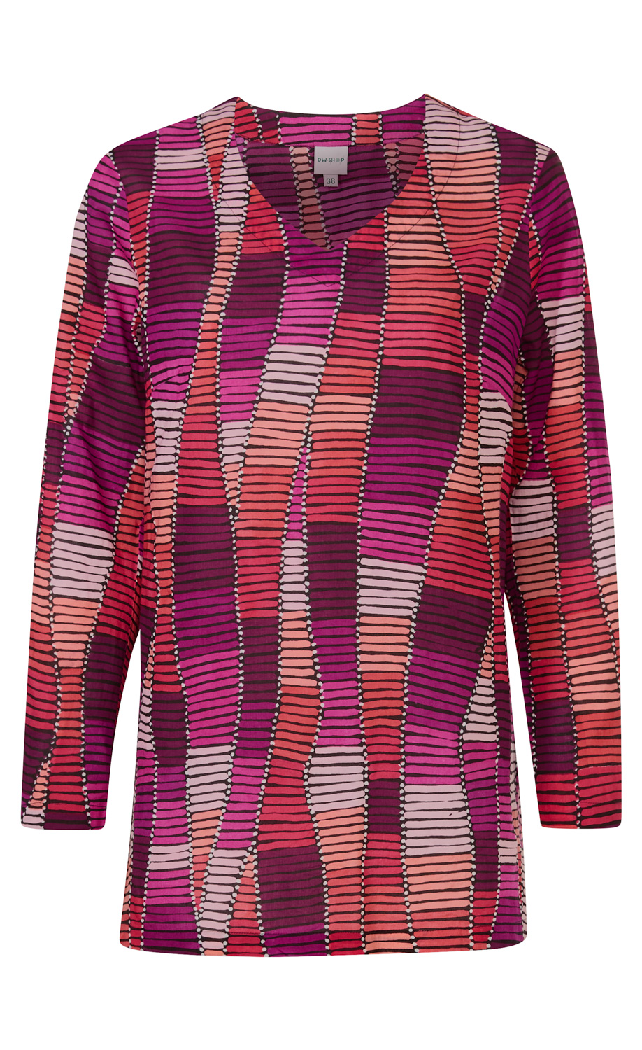 Viskose-Bluse mit langen Ärmeln, V-Ausschnitt, abstraktem Streifenmuster in Pink-, Rot- und Lilatönen, dekorative weiße Punkte, gerade Passform, weich fallender Stoff