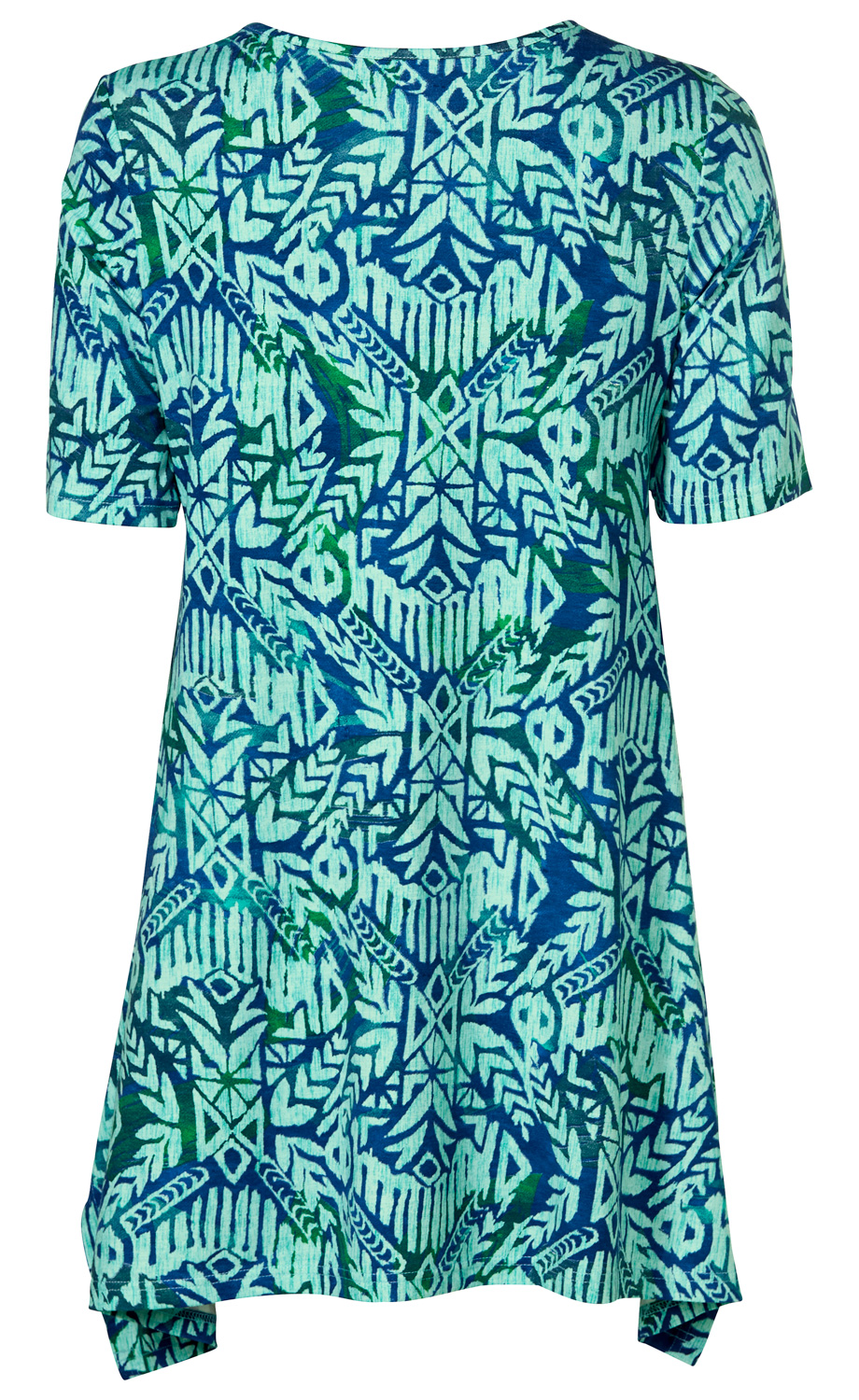 Viskose-Shirt mit kurzem Arm, weit geschnittener Passform, allover geometrisches Muster in Blau- und Grüntönen, abgerundeter Saum, rechteckiger Halsausschnitt, locker fallender Stoff