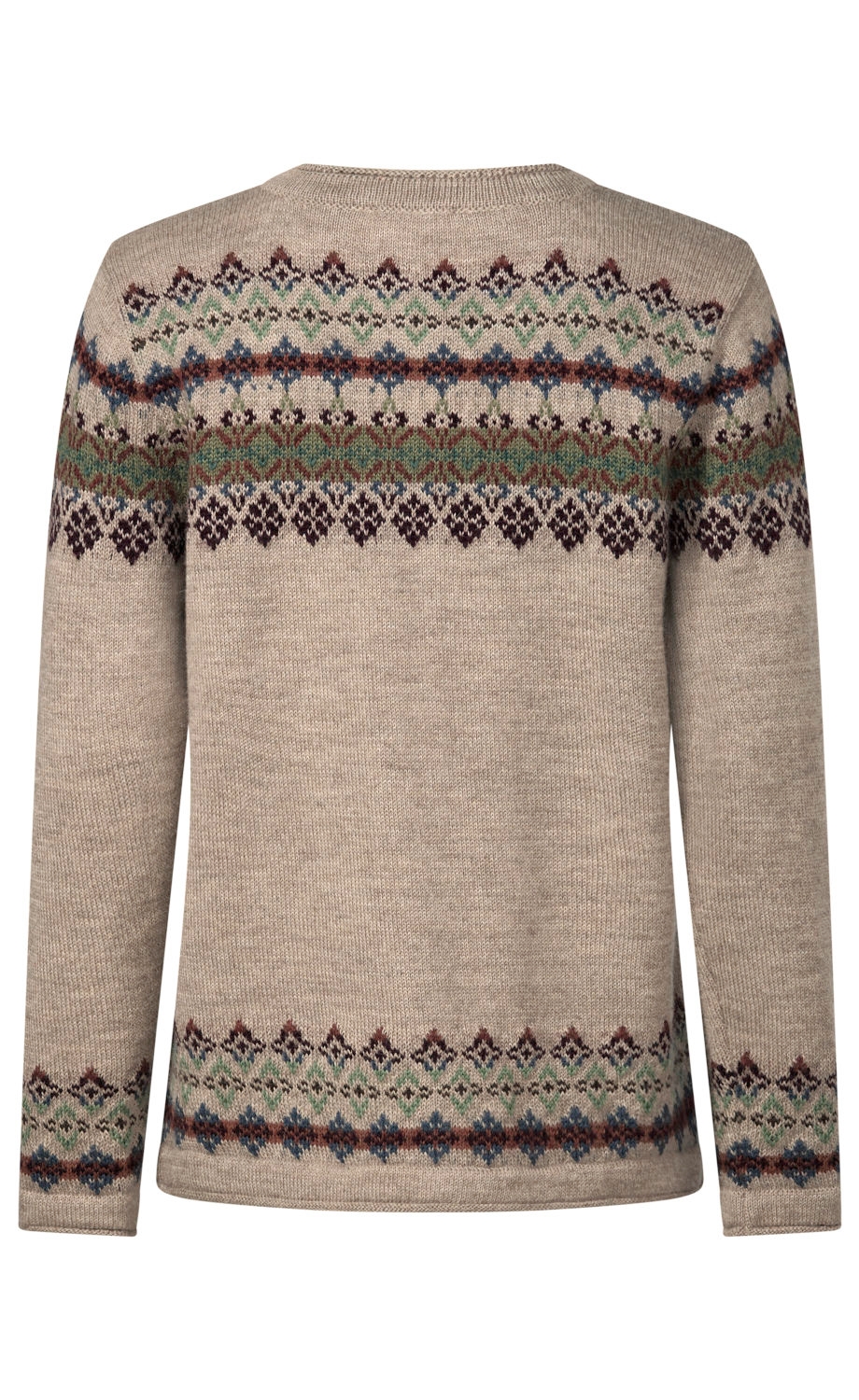 Beiger Strickpullover mit Norwegermuster in Braun, Blau und Grün, Rundhalsausschnitt, lange Ärmel, Rückansicht, dichte Strickstruktur