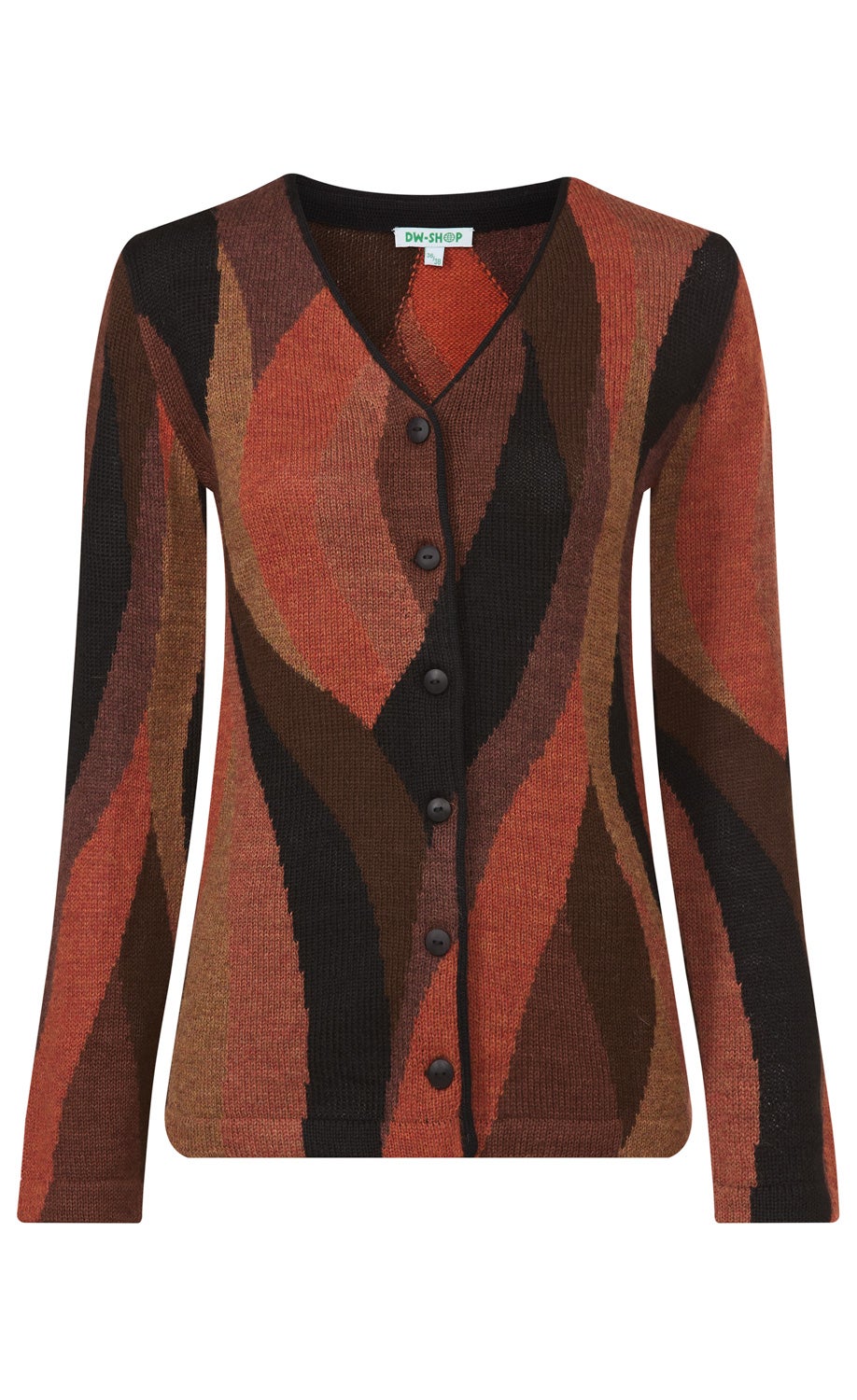 Alpaka-Strickjacke mit V-Ausschnitt, langärmlig, mehrfarbig in Braun-, Rot- und Schwarztönen, abstraktes wellenförmiges Muster, durchgehende Knopfleiste, schmal geschnitten.