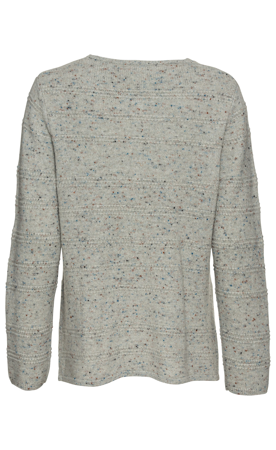 Yak-Mix-Strickjacke hellgrau meliert mit bunten Farbpunkten, lange Ärmel, Rundhalsausschnitt, Rückansicht, feine Strickstruktur mit horizontalen Mustern
