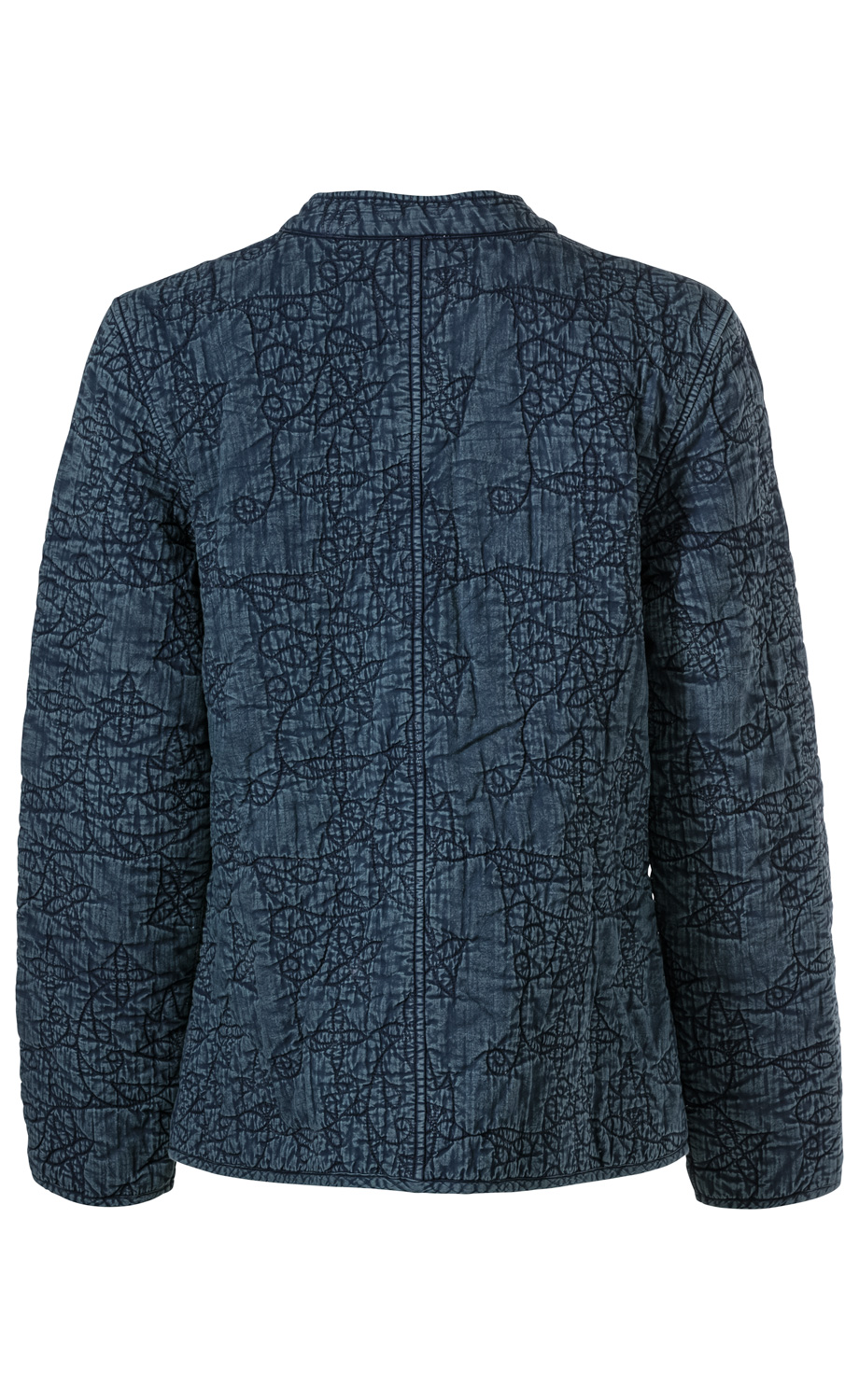 Baumwoll-Jacke in dunkelblau mit Allover abstraktem, linearem Muster, lange Ärmel, Stehkragen, sichtbare Nähte und leichte Steppung, Rückansicht auf weißem Hintergrund