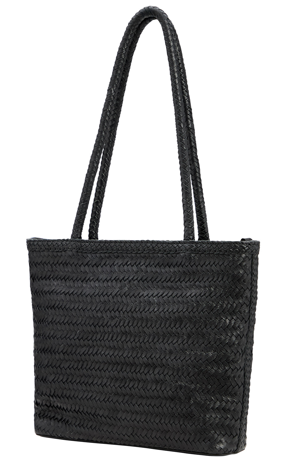 schwarze Ledertasche mit geflochtenem Muster, rechteckige Form, zwei lange geflochtene Henkel, glattes Leder mit leicht glänzender Oberfläche, moderner und eleganter Shopper-Stil