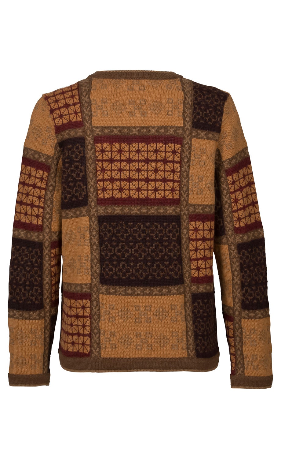 Alpaka-Strickjacke in Braun- und Rottönen mit geometrischem Muster, langärmlig, hinten aufgenommen, rechteckige und quadratische Musterflächen mit verschiedenen Strickdesigns, Rundhalsausschnitt, locker sitzend