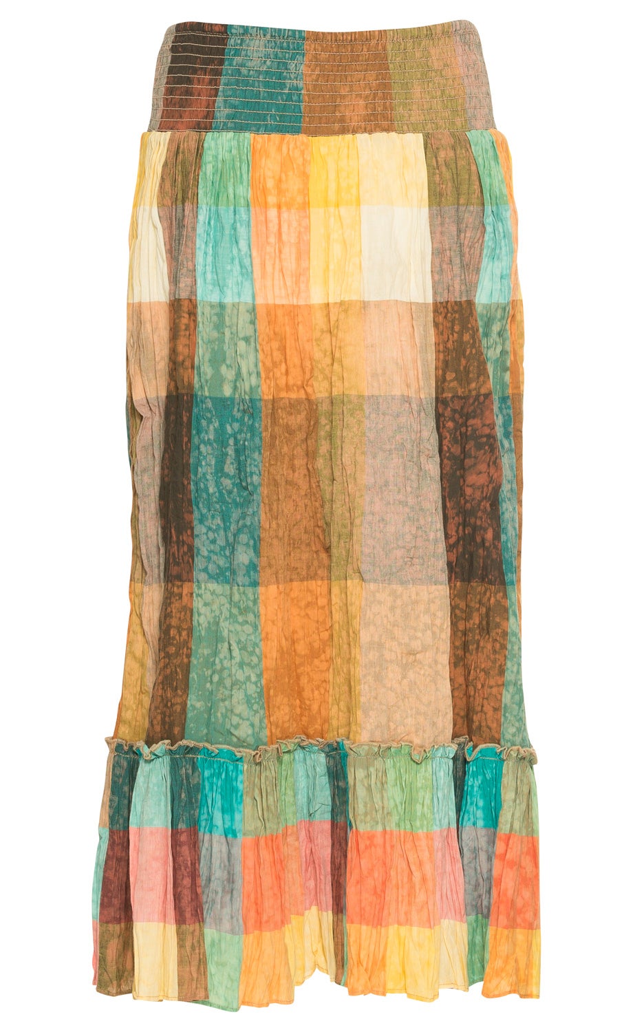 Baumwoll-Stufenrock mit buntem Karomuster in Orange, Gelb, Grün, Braun und Blau, mit elastischem Bund und Volant am Saum, leicht transparent, knitteroptik