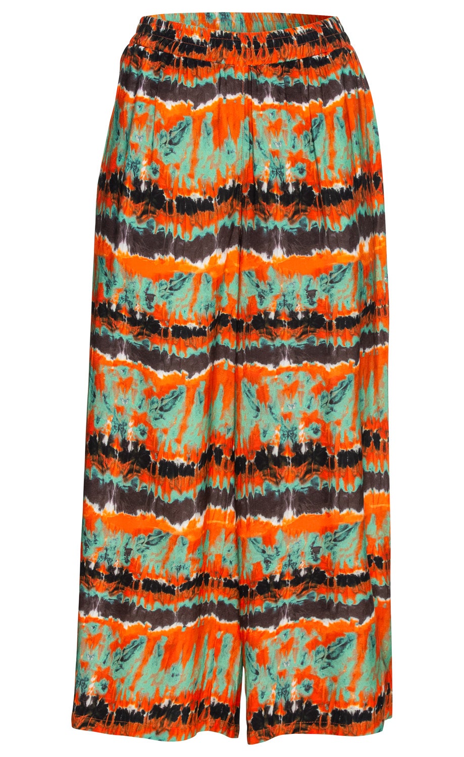 Viskose-Hose in weitem Schnitt mit elastischem Bund, gemustert mit horizontalen Streifen in Orange, Türkis, Schwarz und Weiß, leichte knitteroptische Textur, fließender Stoff