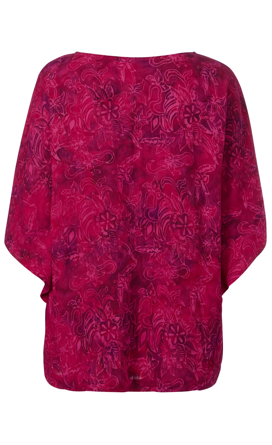 Rückansicht einer roten Viskose-Bluse mit floralem Muster, weitem Schnitt und rundem Halsausschnitt