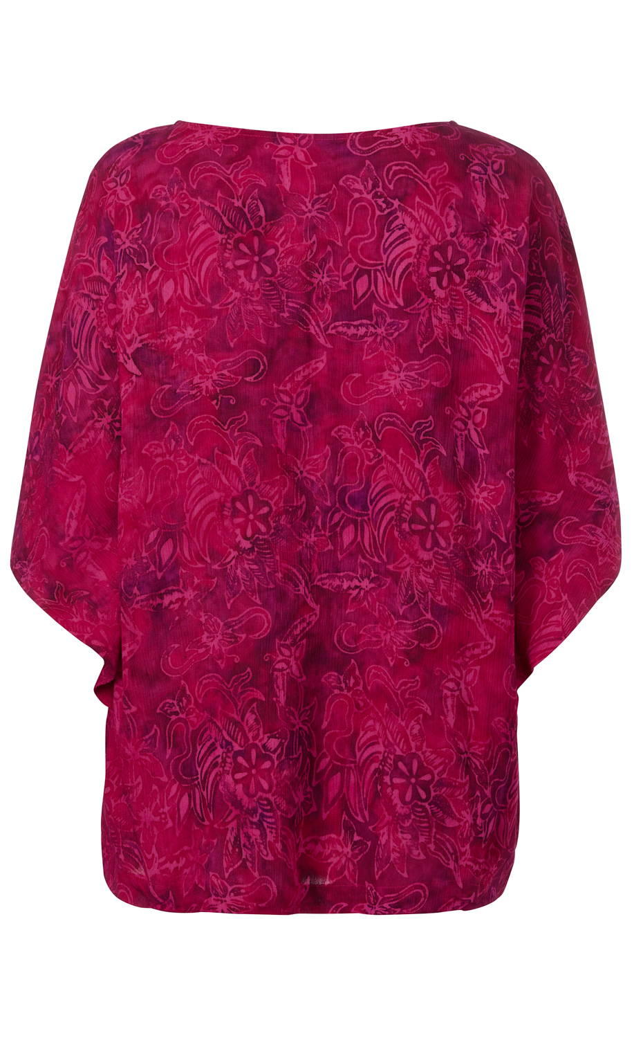 Rückansicht einer roten Viskose-Bluse mit floralem Muster, weitem Schnitt und rundem Halsausschnitt
