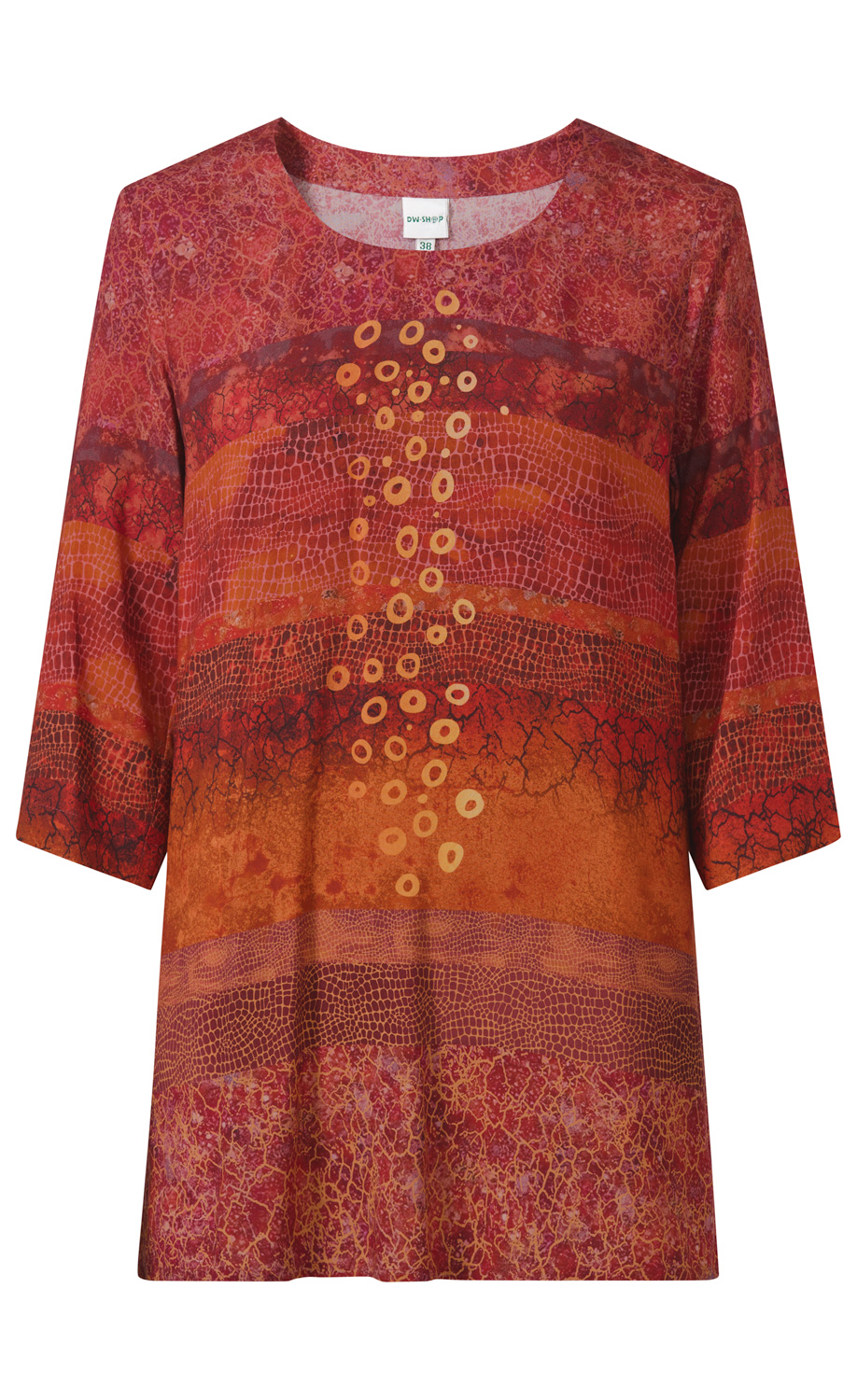 Viskose-Bluse mit Rundhalsausschnitt, 3/4-Ärmeln und abstraktem, mehrfarbigem Muster in Rot-, Orange- und Brauntönen mit Kreis- und Linienmotiven