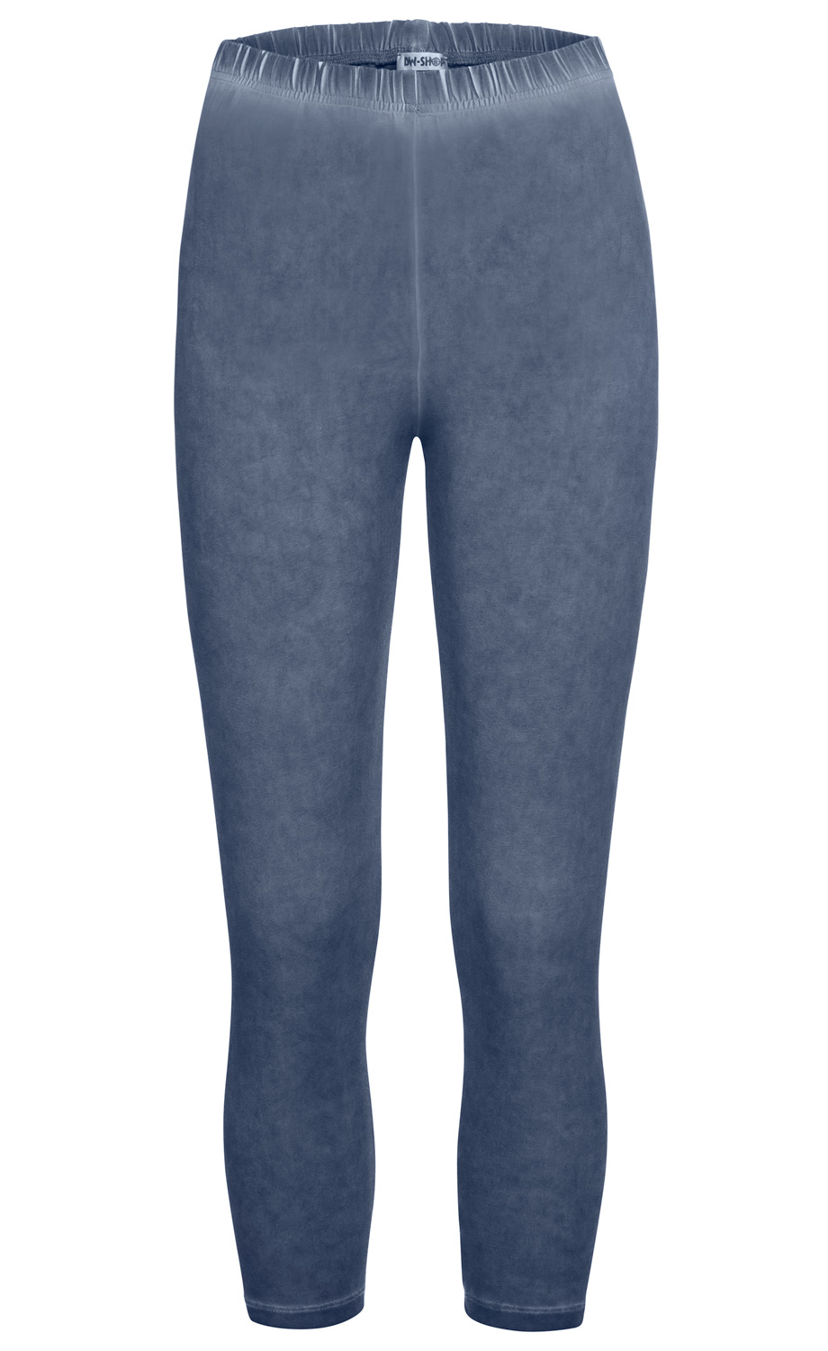 Baumwoll-Mix-Leggings in blauer Waschoptik, elastischer Bund, knöchellang, eng anliegend, ohne Muster oder Verzierungen, schlichtes Design