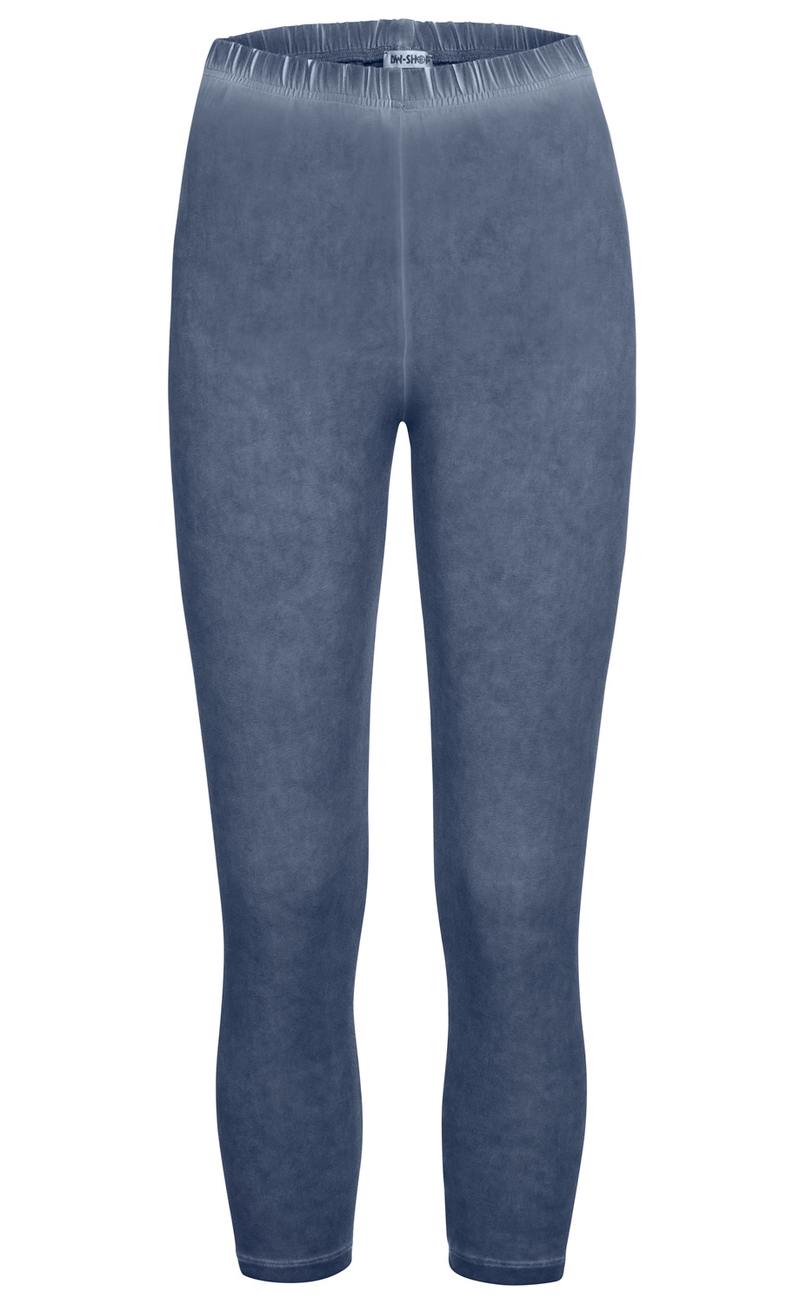 Baumwoll-Mix-Leggings in blauer Waschoptik, elastischer Bund, knöchellang, eng anliegend, ohne Muster oder Verzierungen, schlichtes Design