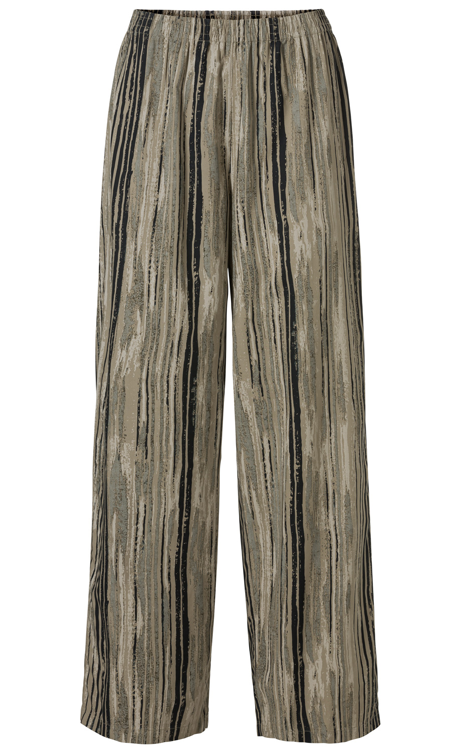 Modal-Hose aus weichem Modalstoff mit elastischem Bund, weitem Bein und vertikal verlaufendem Streifenmuster in verschiedenen Erdtönen wie Beige, Braun und Schwarz