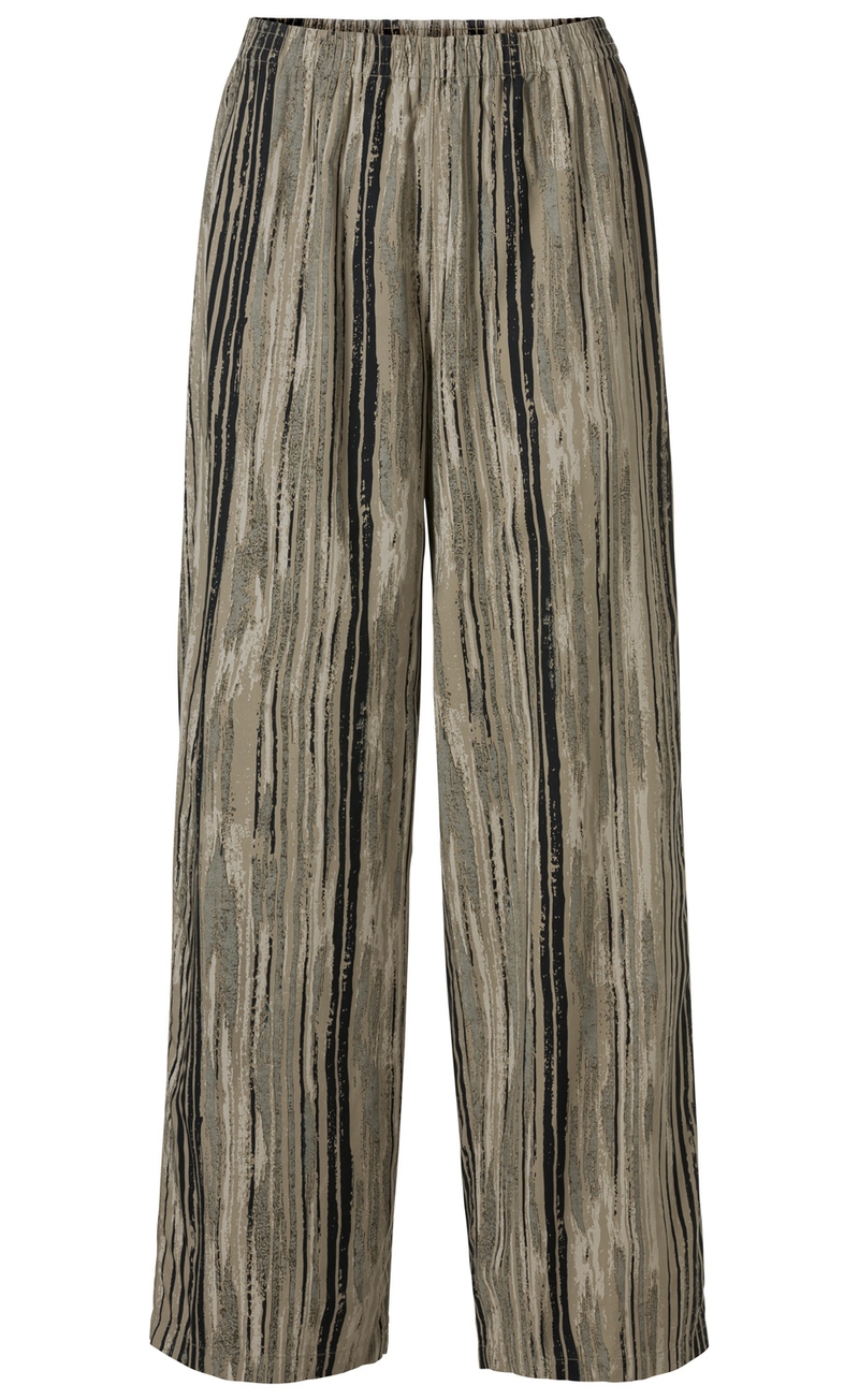 Modal-Hose aus weichem Modalstoff mit elastischem Bund, weitem Bein und vertikal verlaufendem Streifenmuster in verschiedenen Erdtönen wie Beige, Braun und Schwarz