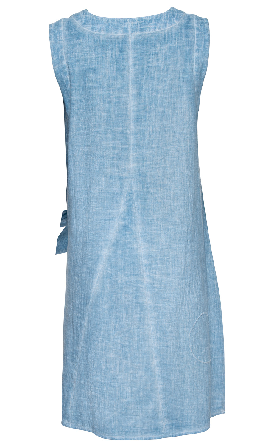 Hellblaues ärmelloses Baumwoll-Kleid mit rundem Ausschnitt, leichter Struktur und Seitenschleife, gerader Schnitt, Rückansicht