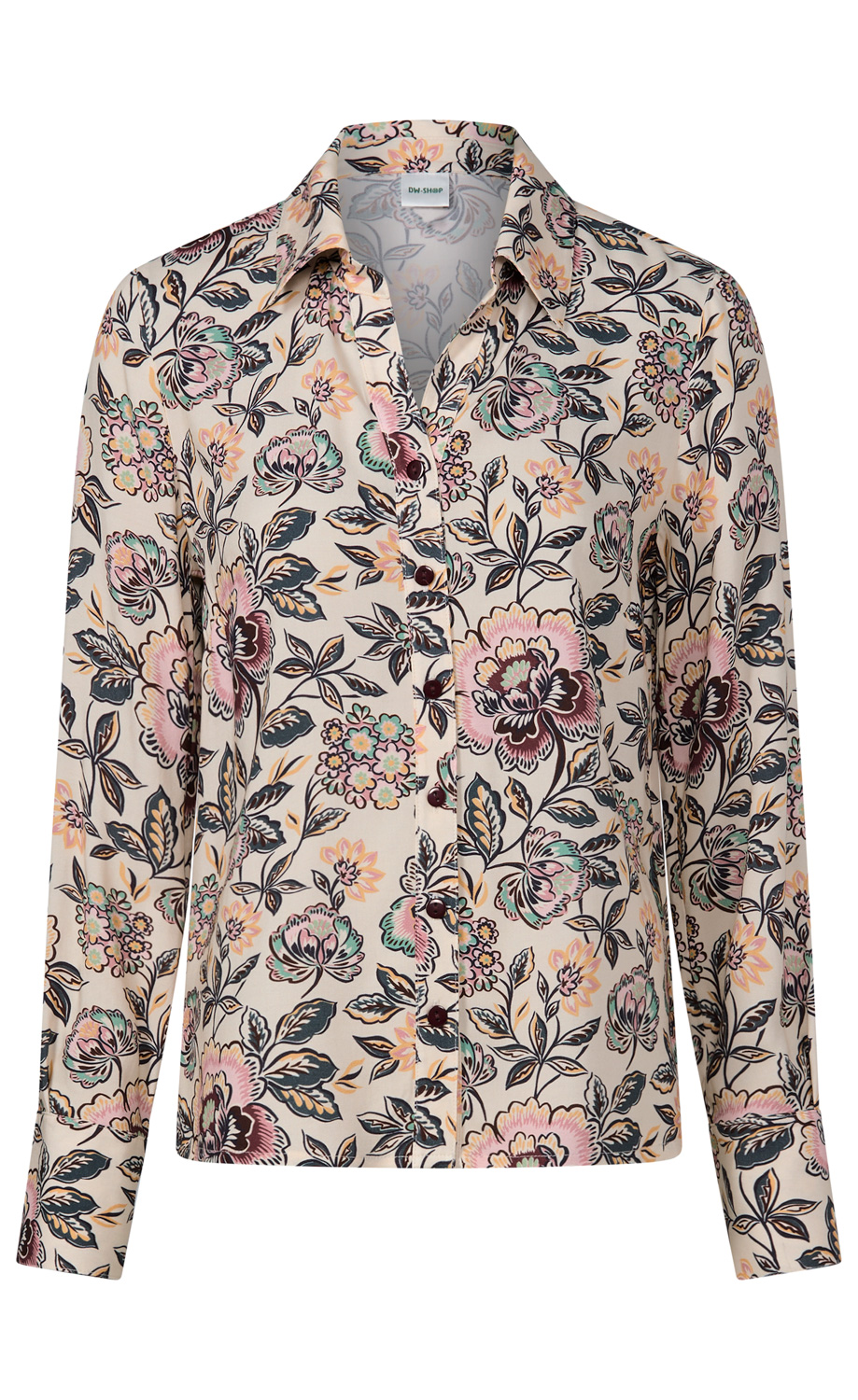 Beige Damenbluse mit floralem Muster in Rosa, Grün und Dunkelblau, langärmlig, mit Hemdkragen und dunkelbraunen Knöpfen, leicht tailliert.