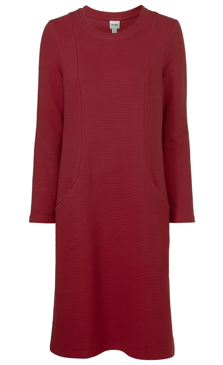 rotes langärmliges Baumwoll-Kleid mit Rundhalsausschnitt und feiner Rippstruktur, knielang, taillierter Schnitt mit vertikalen Ziernähten, schlichtes Design ohne Muster oder Applikationen