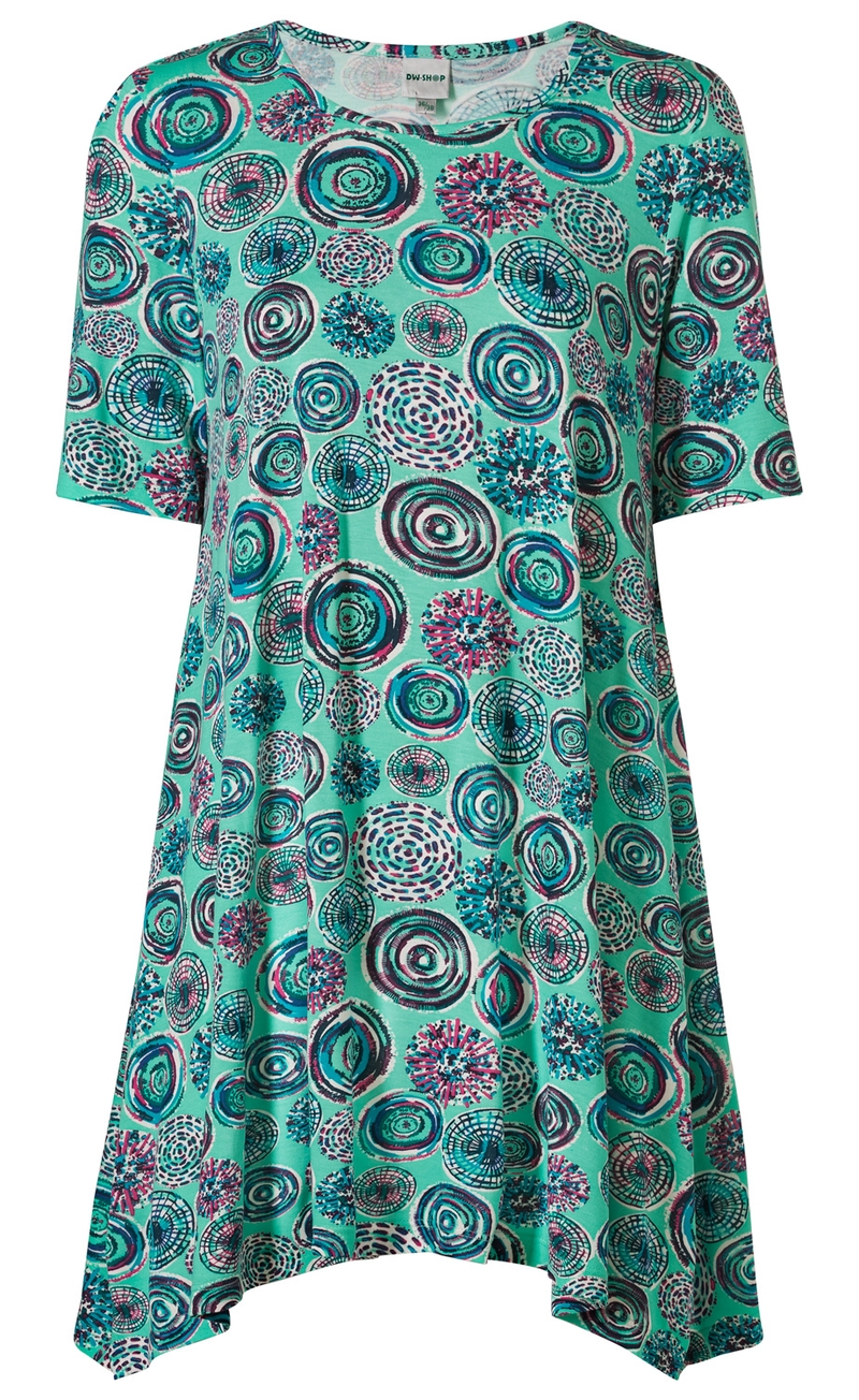 Viskose-Mix-Shirt in türkis mit buntem, kreisförmigem Muster in Blau, Rosa und Schwarz, kurzärmelig, rundem Ausschnitt, fließender A-Linien-Schnitt, lässige Passform