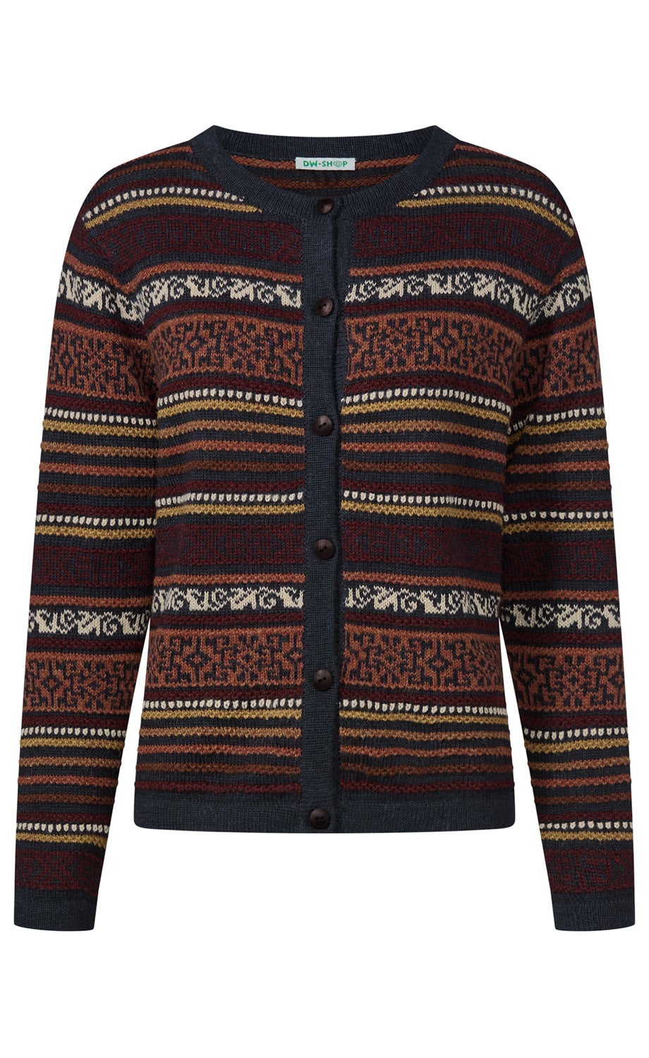 Damenstrickjacke mit Rundhalsausschnitt, Knopfleiste, langen Ärmeln, gemustert in Dunkelblau, Braun, Rostrot, Senfgelb und Creme, traditionelles Norwegermuster, taillierter Schnitt