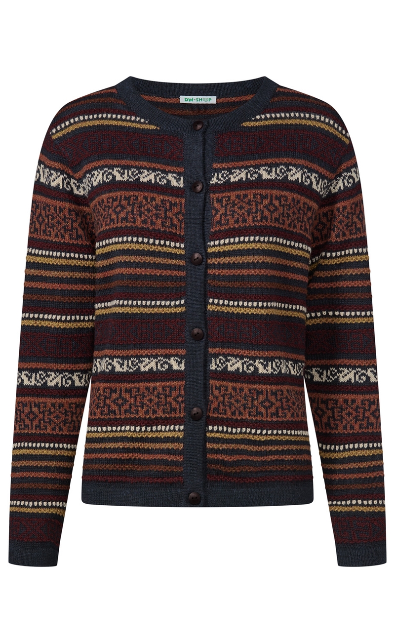 Damenstrickjacke mit Rundhalsausschnitt, Knopfleiste, langen Ärmeln, gemustert in Dunkelblau, Braun, Rostrot, Senfgelb und Creme, traditionelles Norwegermuster, taillierter Schnitt