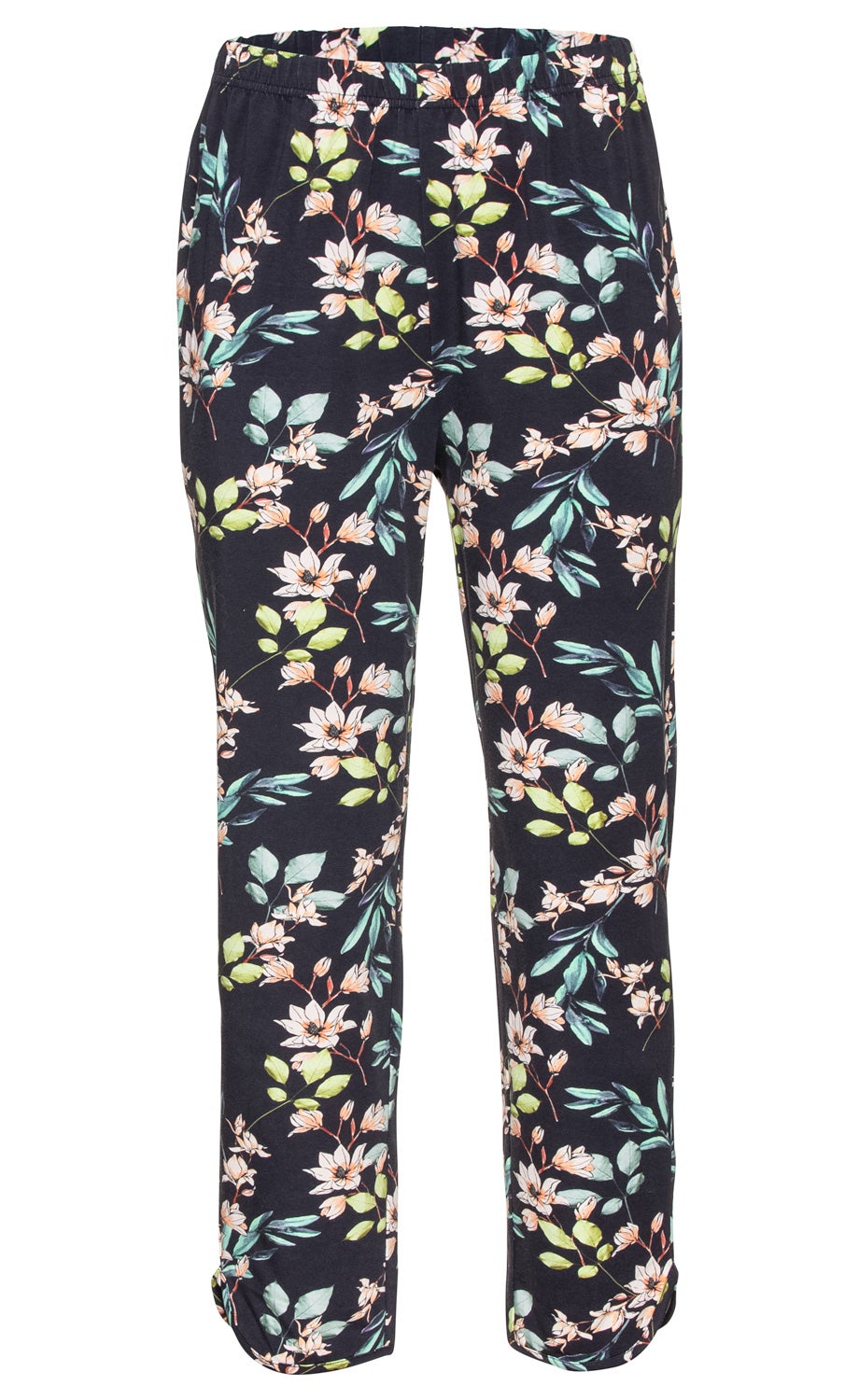 Baumwoll-Mix-Hose mit elastischem Bund, dunkelblauem Hintergrund, floralem Muster in Pastellfarben mit weißen Blüten und grünen Blättern, gerade geschnitten, Beinlänge bis zum Knöchel
