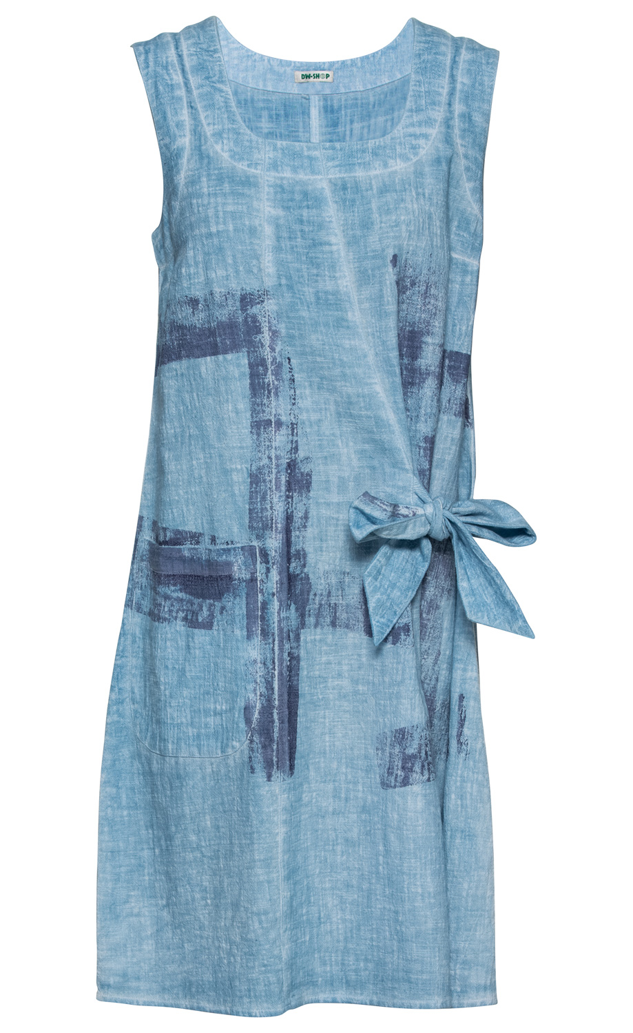 Ärmelloses hellblaues Baumwoll-Kleid mit rundem Ausschnitt, abstraktem dunkelblauem Muster und seitlicher Schleife, leichte Struktur, lockere Passform