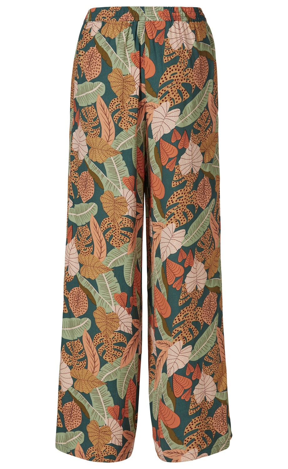 Viskose-Hose mit weitem Bein, elastischem Bund, dunkelgrünem Hintergrund und buntem Blattmuster in Orange, Beige, Hellgrün und Braun