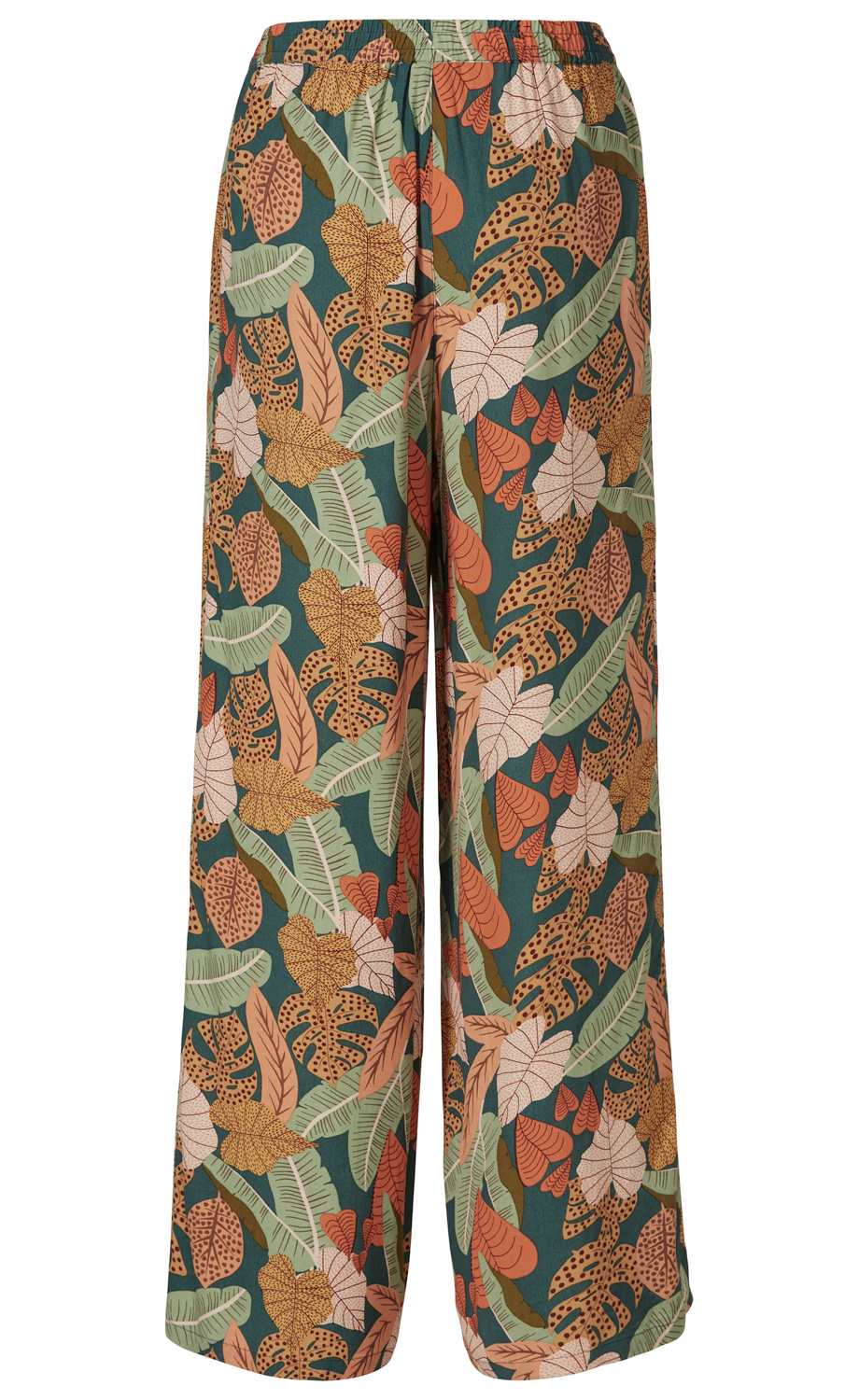 Viskose-Hose mit weitem Bein, elastischem Bund, dunkelgrünem Hintergrund und buntem Blattmuster in Orange, Beige, Hellgrün und Braun