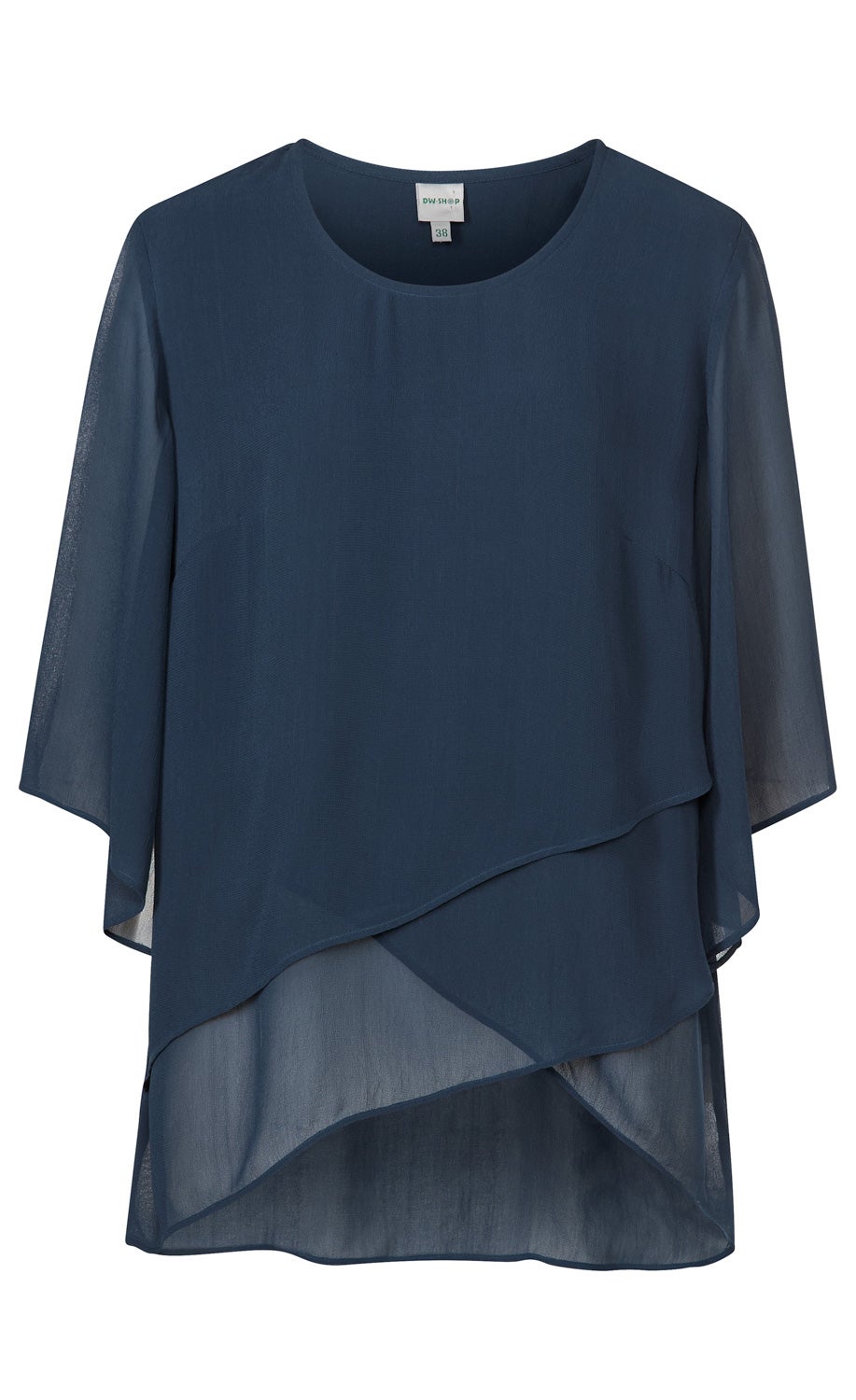 dunkelblaue Viskose-Bluse mit transparenten 3/4-Ärmeln, rundem Ausschnitt, mehrlagigem asymmetrischem Saum und leichter, fließender Stoffqualität