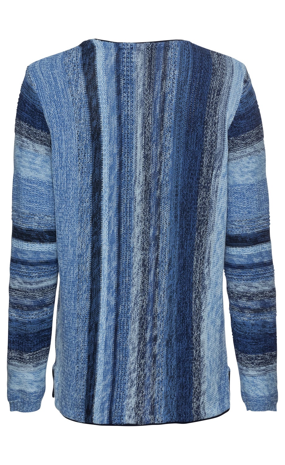 Baumwoll-Pullover in Blautönen mit vertikalen Streifen, langärmlig, gerader Schnitt, gestrickt, Rückansicht, strukturierte Oberfläche, verschiedene Blauschattierungen von hell bis dunkel, elastische Bündchen an Ärmeln und Saum