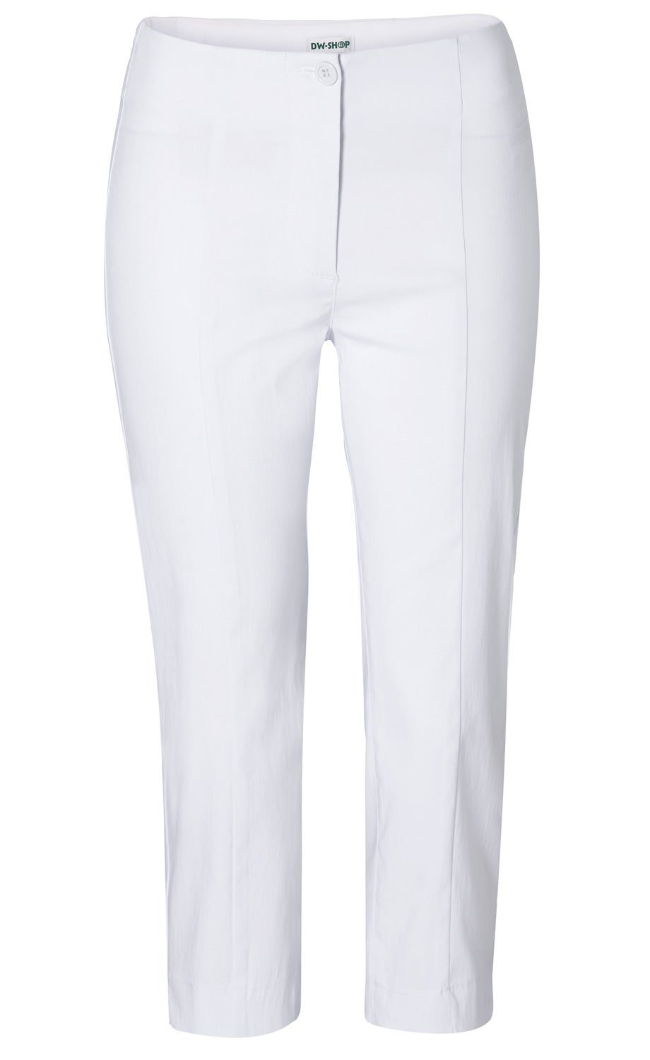 weiße Viskose-Mix Hose für Damen in klassischem Schnitt, gerade Beine, mittlere Bundhöhe, Knopfverschluss vorne, ohne sichtbare Taschen, glattes Material, leicht glänzend