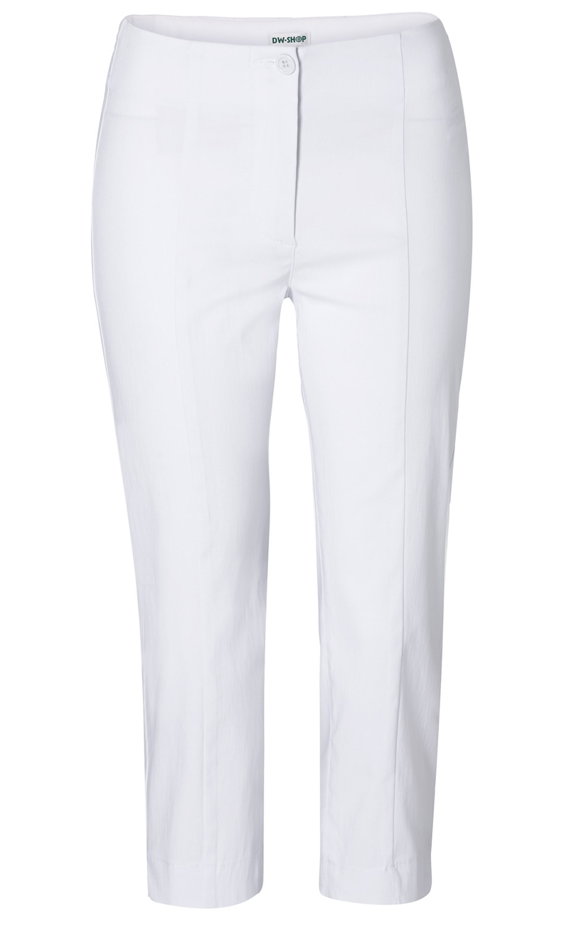 weiße Viskose-Mix Hose für Damen in klassischem Schnitt, gerade Beine, mittlere Bundhöhe, Knopfverschluss vorne, ohne sichtbare Taschen, glattes Material, leicht glänzend