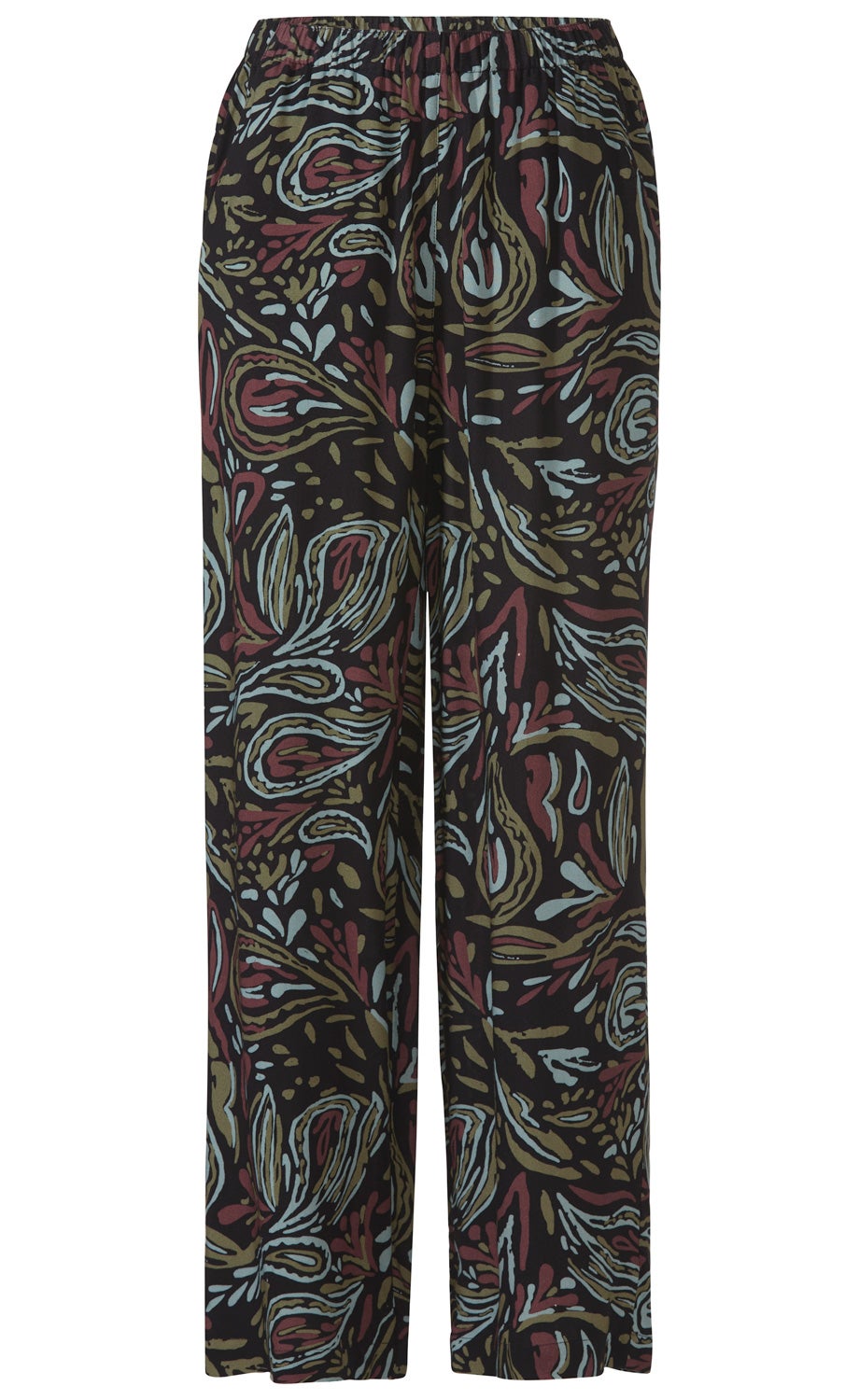 Viskose-Hose mit elastischem Bund, weit geschnitten, schwarz mit abstraktem Muster in Hellblau, Braun und Dunkelrot