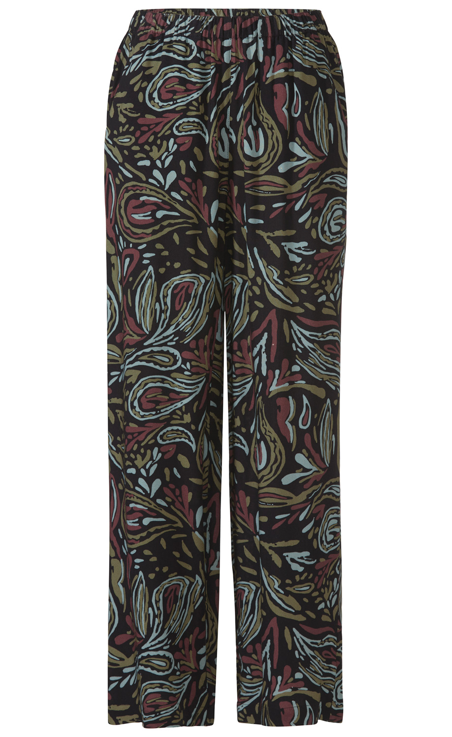 Viskose-Hose mit elastischem Bund, weit geschnitten, schwarz mit abstraktem Muster in Hellblau, Braun und Dunkelrot