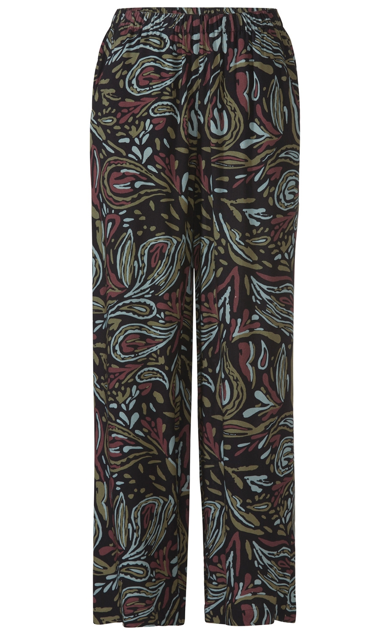 Viskose-Hose mit elastischem Bund, weit geschnitten, schwarz mit abstraktem Muster in Hellblau, Braun und Dunkelrot