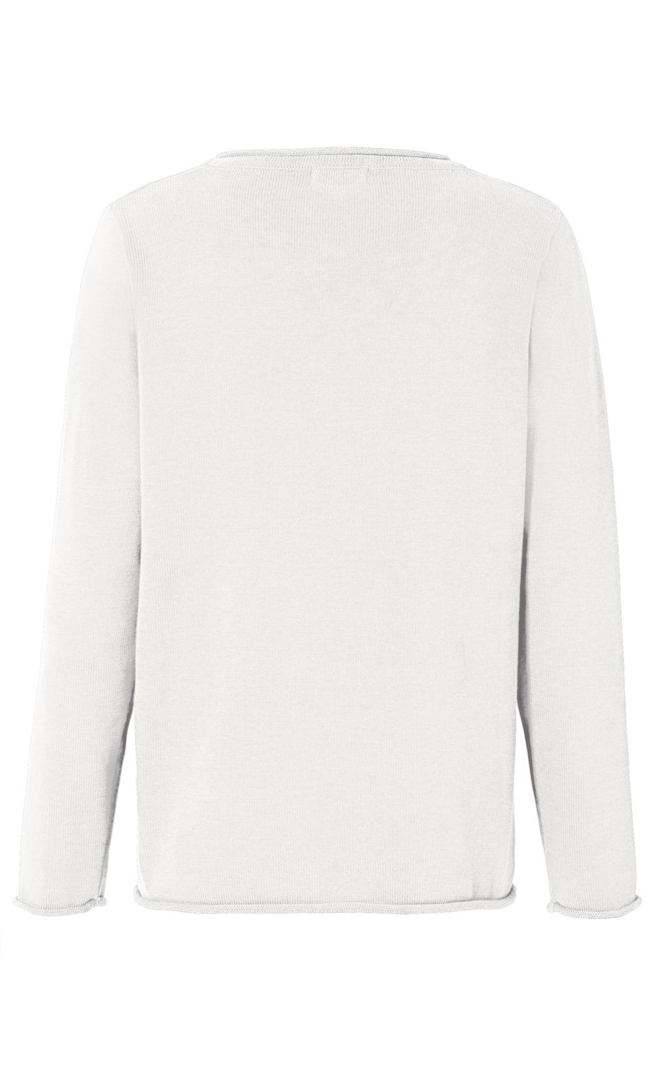 Baumwoll-Pullover in Weiß, Rückansicht, langärmlig, schlichtes Design, gerader Saum, feine Strickstruktur, leichte Rollkante an Ärmeln und Saum, klassischer Rundhalsausschnitt, knitterfrei